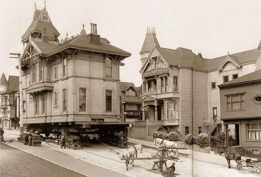 A Victorian home being moved via horse power. San Francisco, California, USA. 1908.jpeg