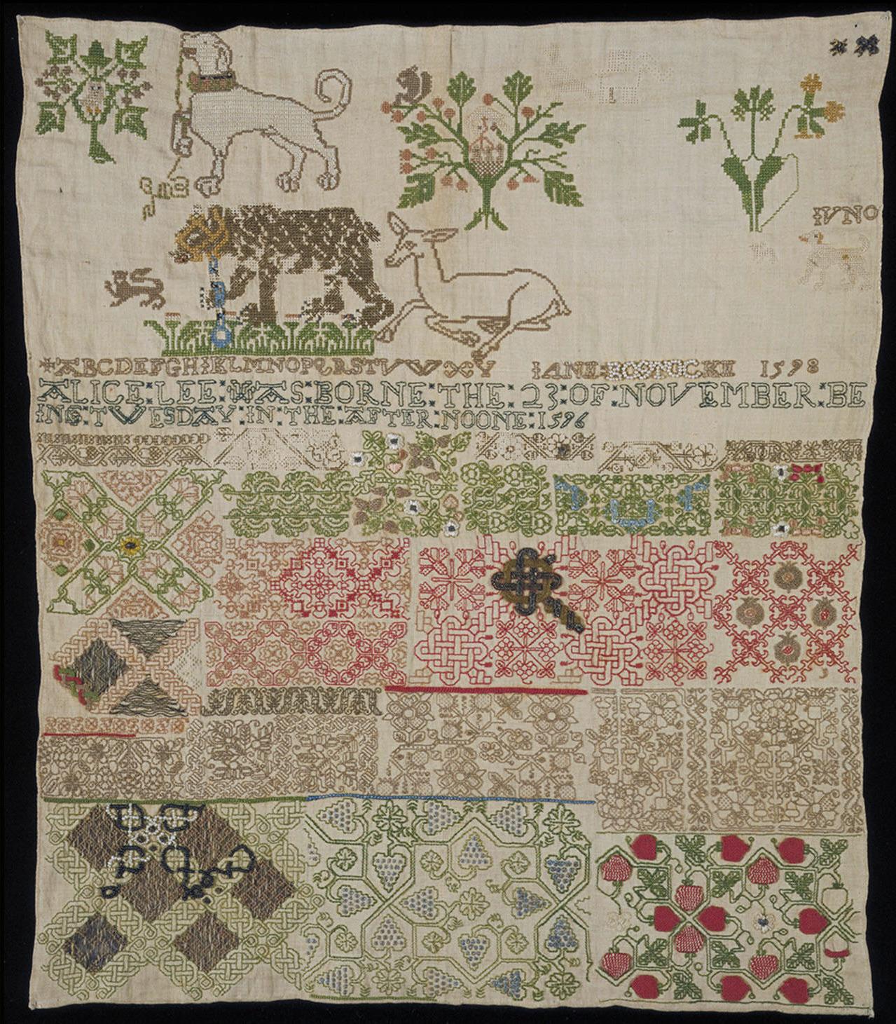 A cross-stitch embroidery sampler by Jane Bostocke of England.jpeg