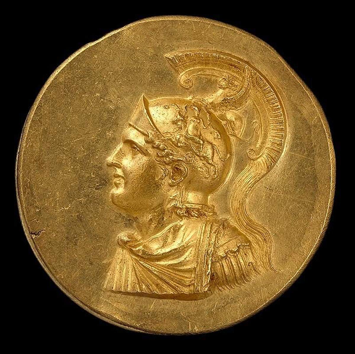 Alexander the Great on a Roman medallion from the 3rd century CE, found in Abu Qir, northern Egypt. Alexander is wearing an Attic helmet with his head raised, suggesting his divinity.jpeg