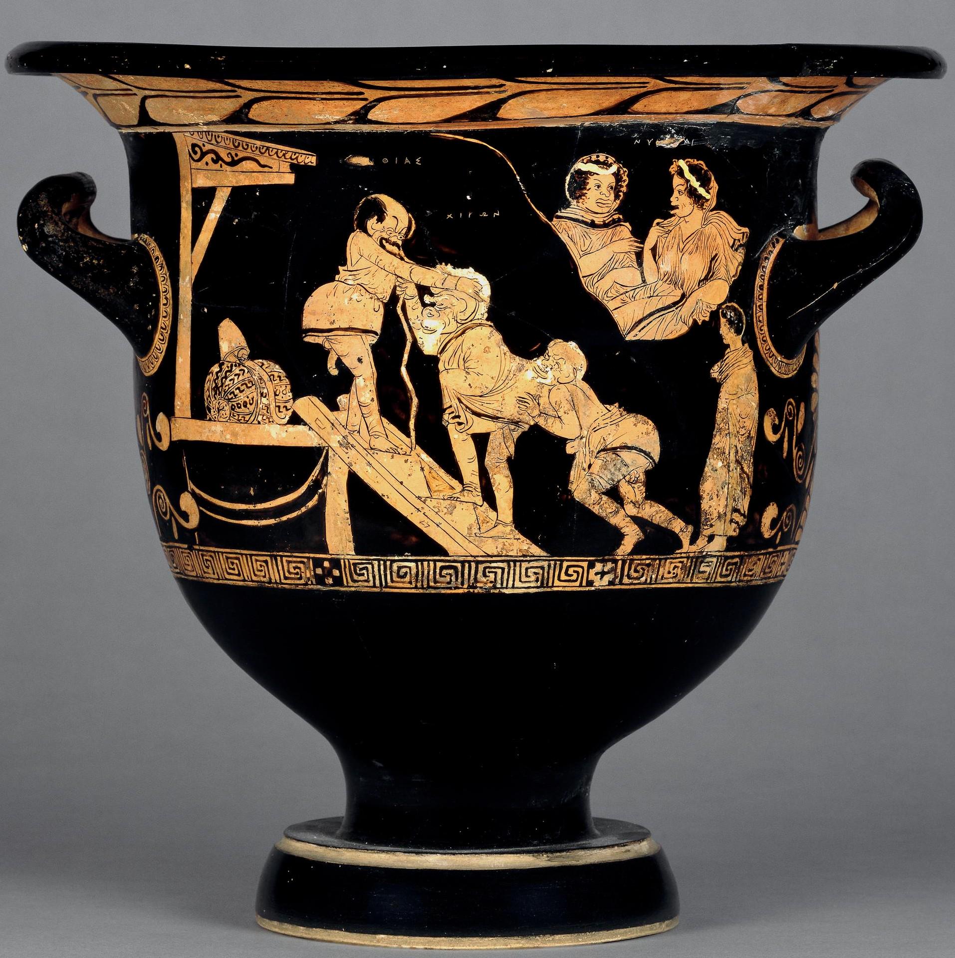 Apulian Greek Bell Krater 380-370 BCE, depicting a comedy-parody of an ancient myth.jpeg
