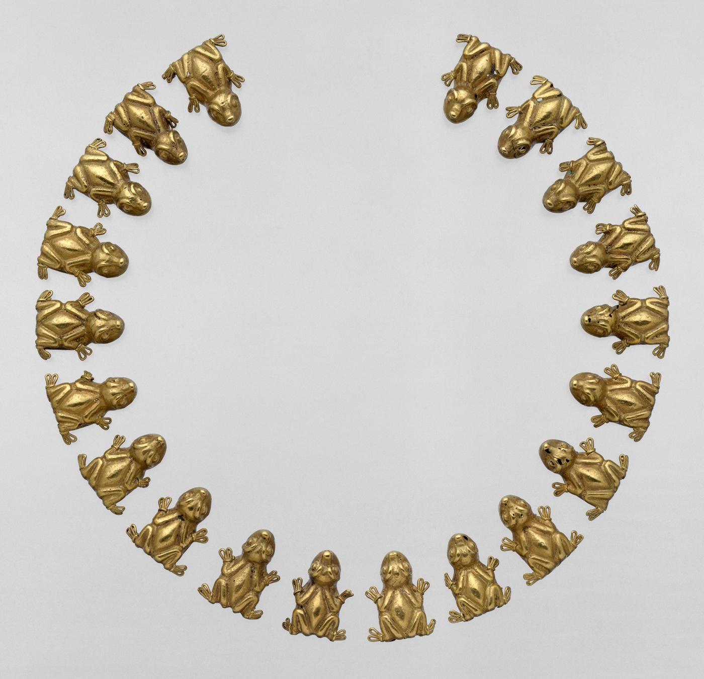 Gold necklace beads shaped like little frogs. Mexico, Aztec or Mixtec civilization, 15th-16th century.jpeg