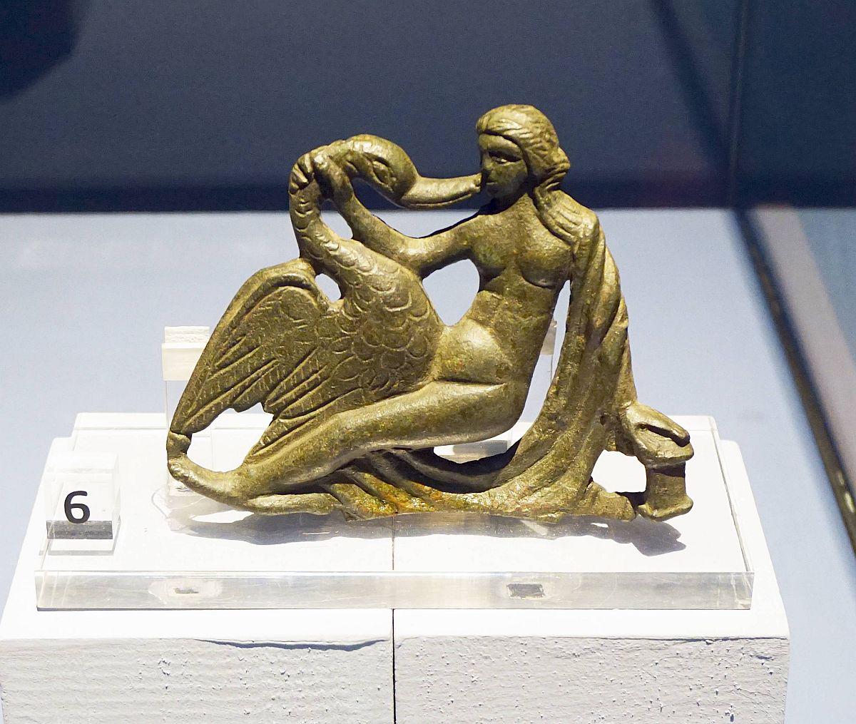 A bronze ornament depicting Leda with a swan. The object is dated to the 3rd-4th century CE and was found in Ostia.jpeg