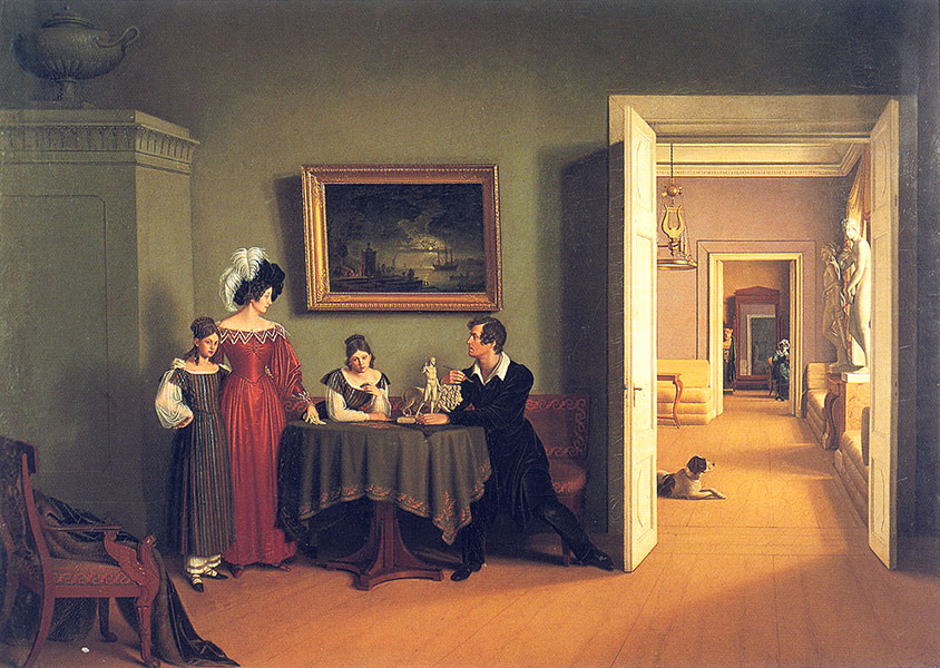 Граф Ф.П. Толстой. Автопортрет с женой и дочерьми Елизаветой (сидит) и Марией, 1830.jpg
