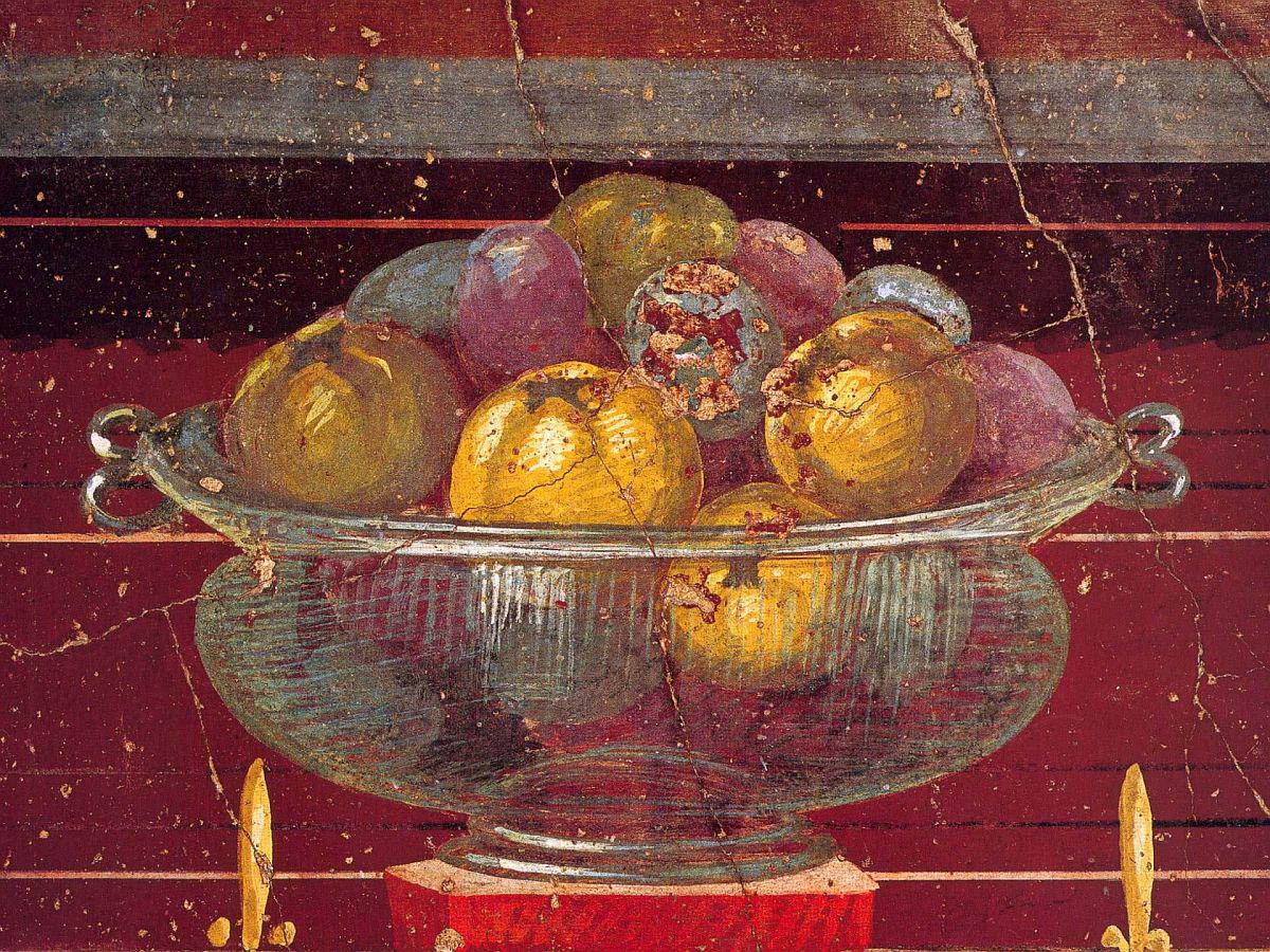 Roman fresco showing a glass vessel with pomegranates and apples. The facility is from Villa Poppaea in Oplontis, at Pompeii.jpeg