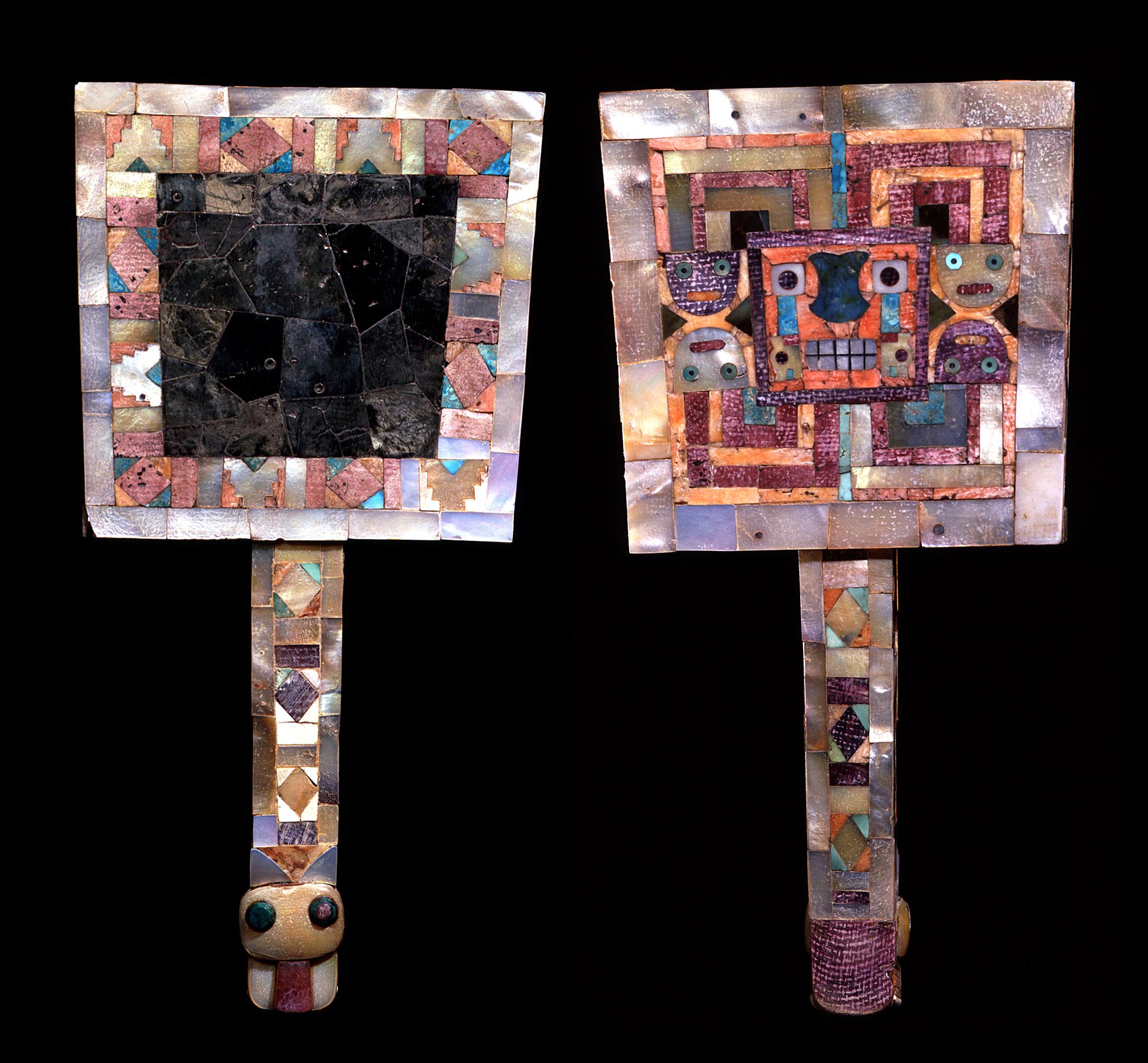 Pyrite mirror decorated with mosaic inlays depicting figures. Peru, Wari civilization, 650-1000 AD.jpeg