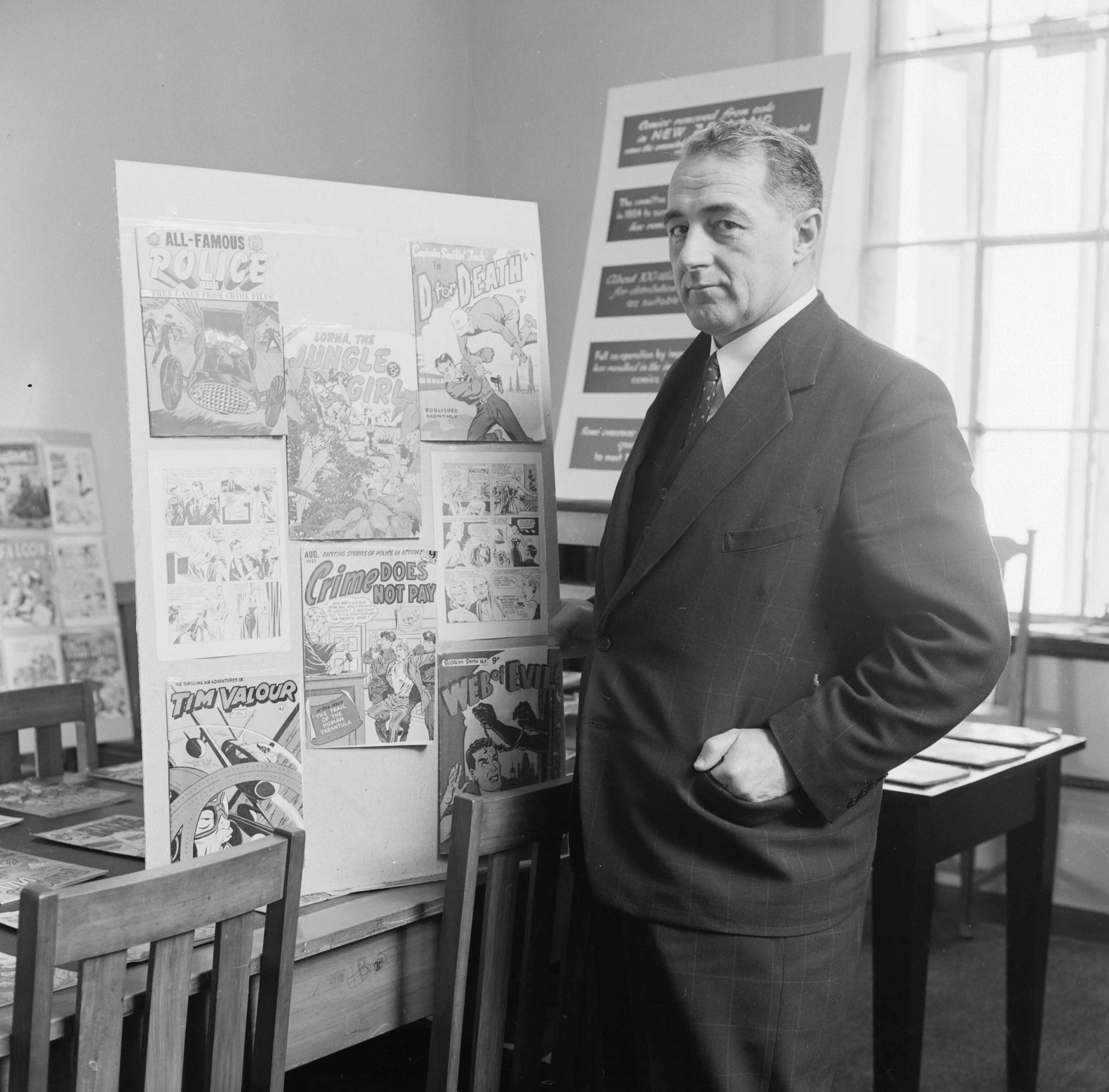 Jack Marshall, then Minister of Justice and Attorney-General of New Zealand, photographed in 1957 with comics to be censored. They were said to corrupt New Zealand's youth.png