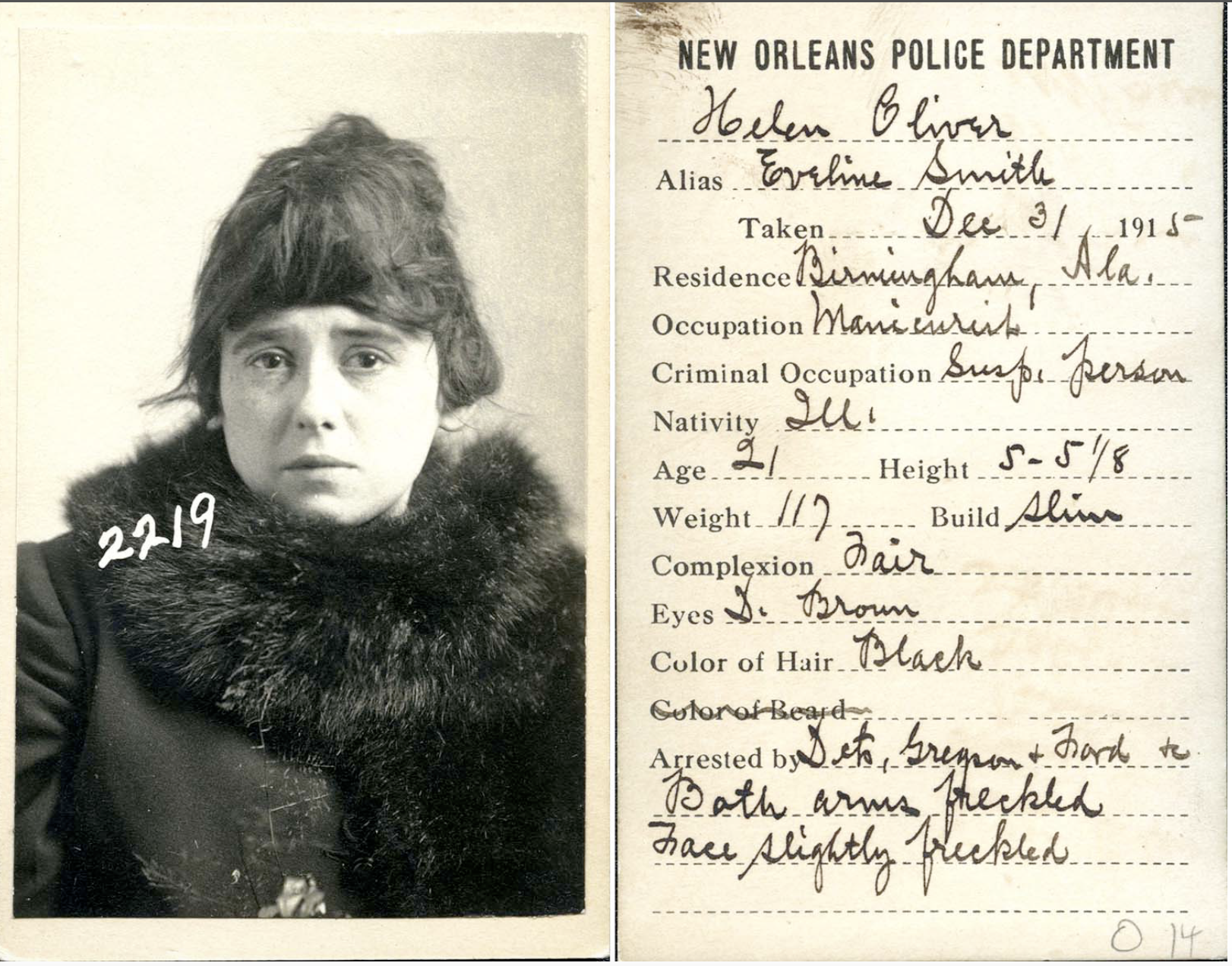 1915. Mugshot of Helen Oliver, Manicurist and Suspicious Person.png