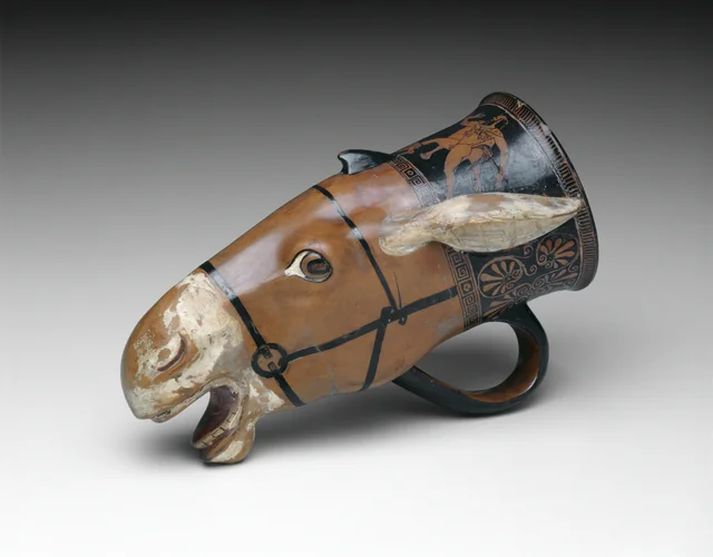 Ancient Greek rhyton (drinking vessel) in the shape of a donkey's head, Athens, 480-470 BCE.png