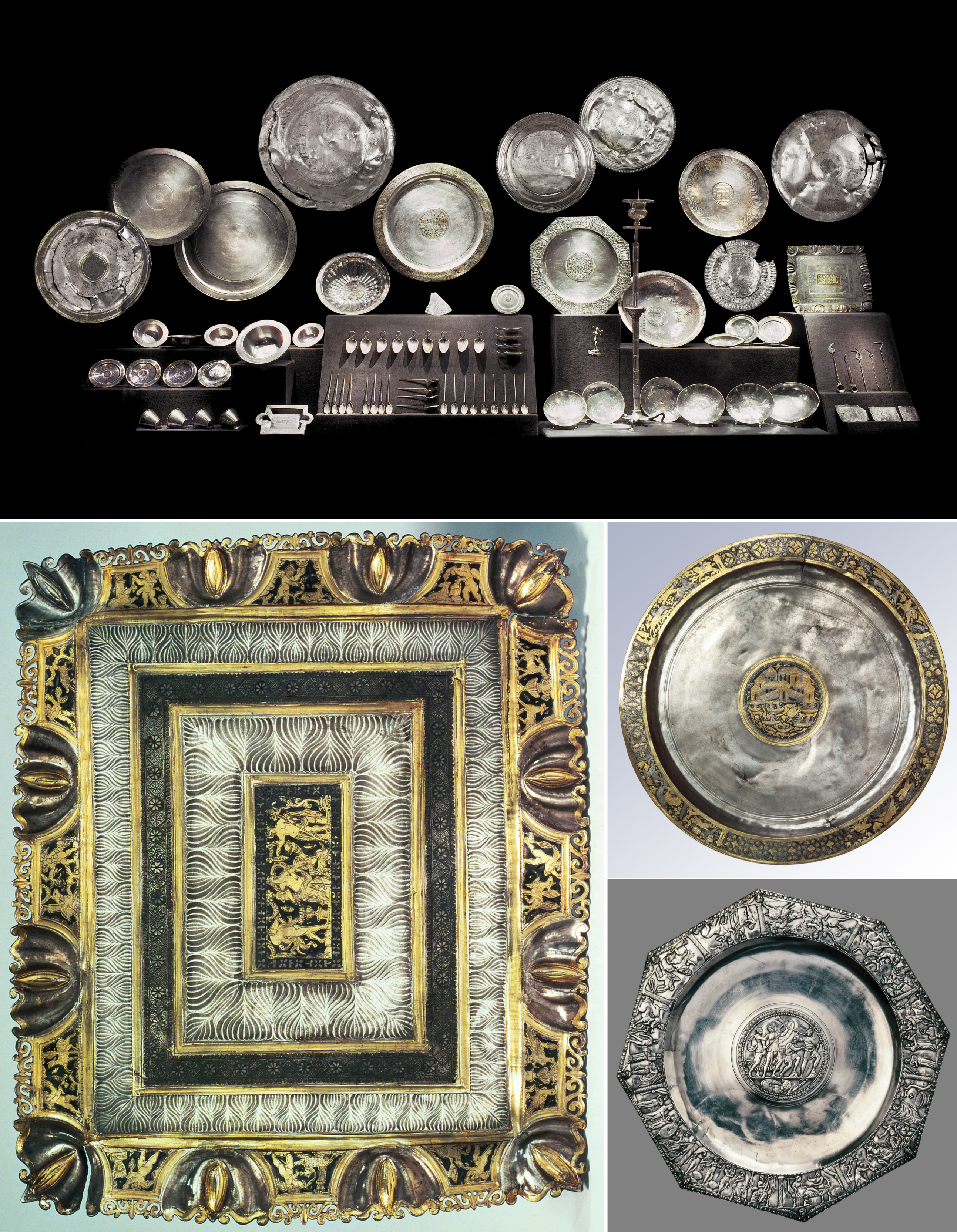 The treasure of Augusta Raurica, 58 kg of pure silver, 270 objects, found in 1961 in a pit within the late Roman fort of Kaiseraugst,Switzerland.  An opulent banqueting set, silver coins and ingots.png