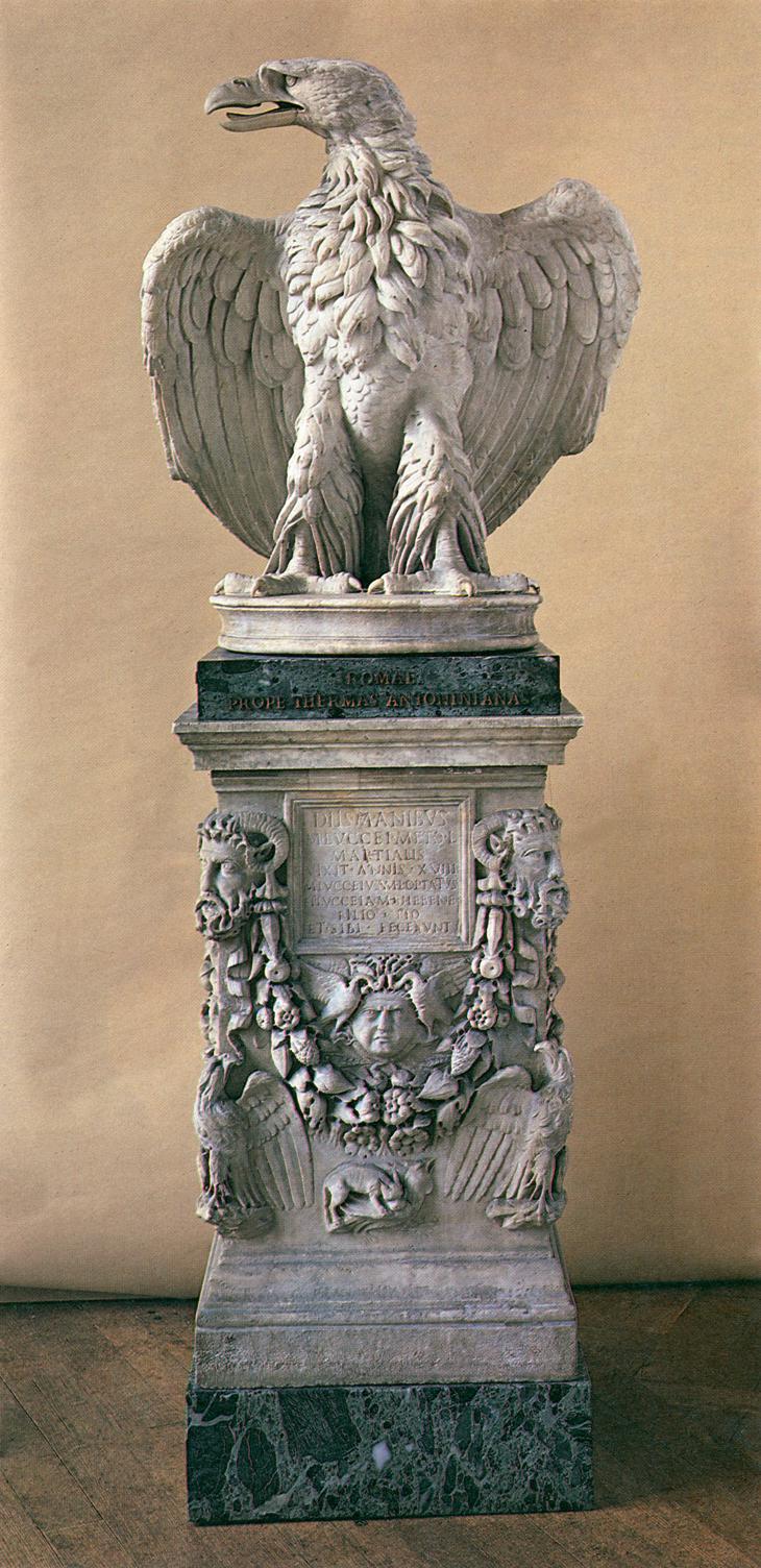 A 1st century CE Roman marble sculpture depicting an eagle on an altar, found in Rome around 1742 in the Boccapaduli family’s gardens not far from the Baths of Caracalla. Now housed at Gosford House in Scotland.jpeg