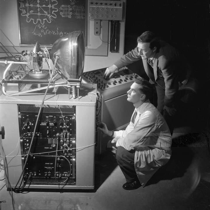 Mullard engineers testing early colour television CRT prototype at the company's Trier section, Salfords Research Laboratories in Surrey, England 1954.jpeg
