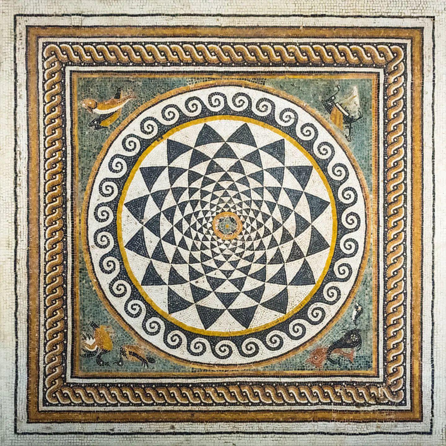 An ancient Roman mosaic, 2nd century CE, now housed at the Musée de la Romanité in Nîmes, France.jpeg