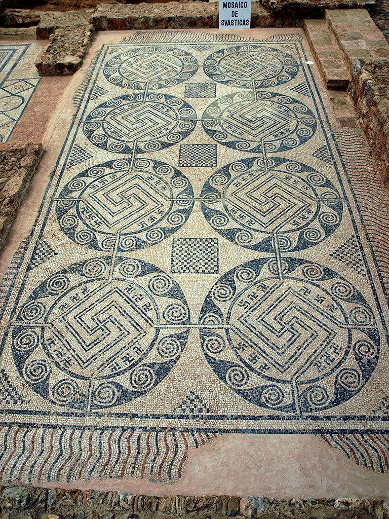 An ancient mosaic floor of Swastikas at the Roman Villa of Tejada in Quintanilla de la Cueza, Spain, 1st-4th century CE.jpeg