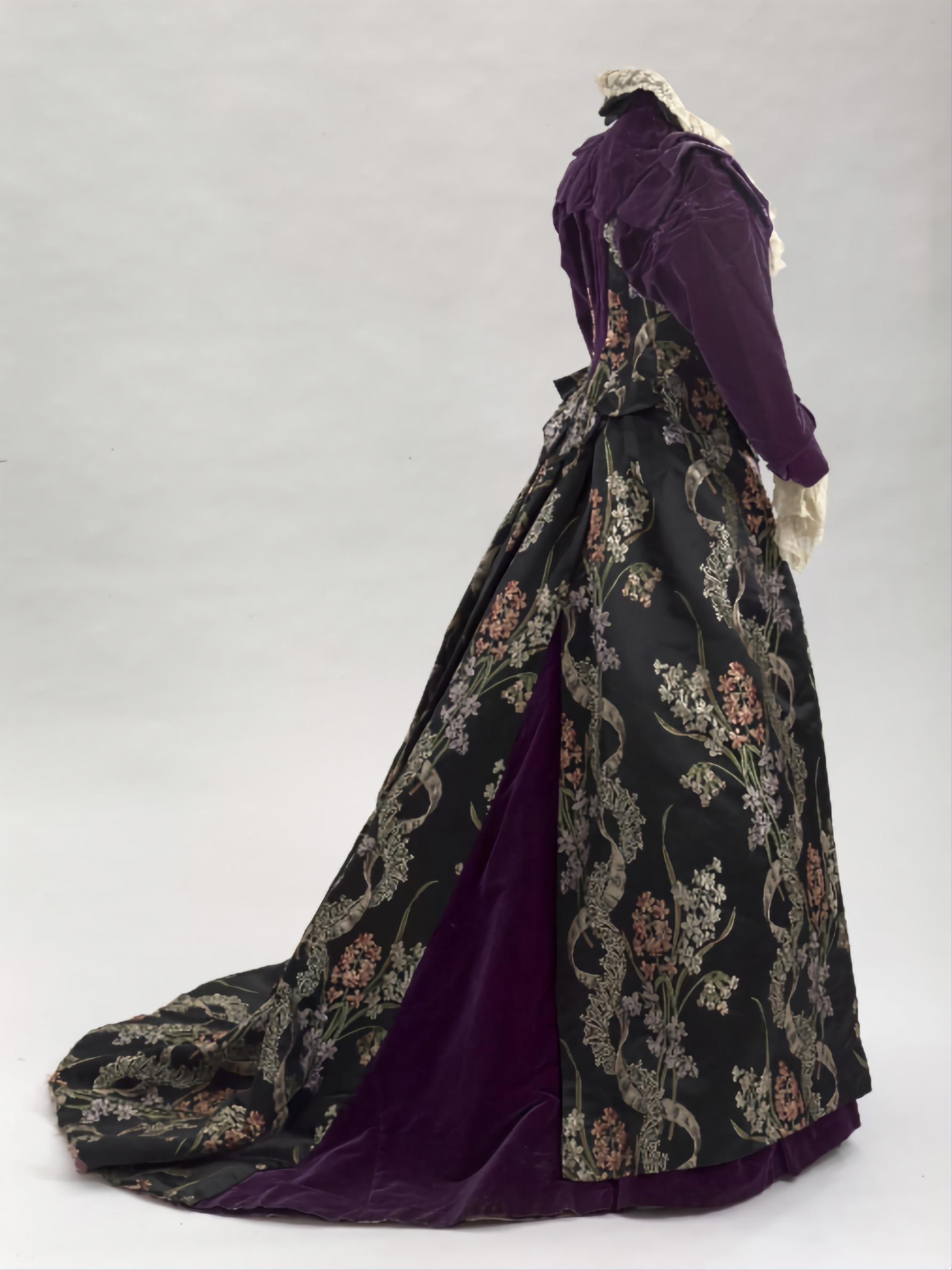 Visiting Dress of Empress Maria Feodorovna with Imitation of Lace and Satin Ribbons, Imperial Russia, ca. 1893. Satin broche, velvet, silk changeant, lace.jpg