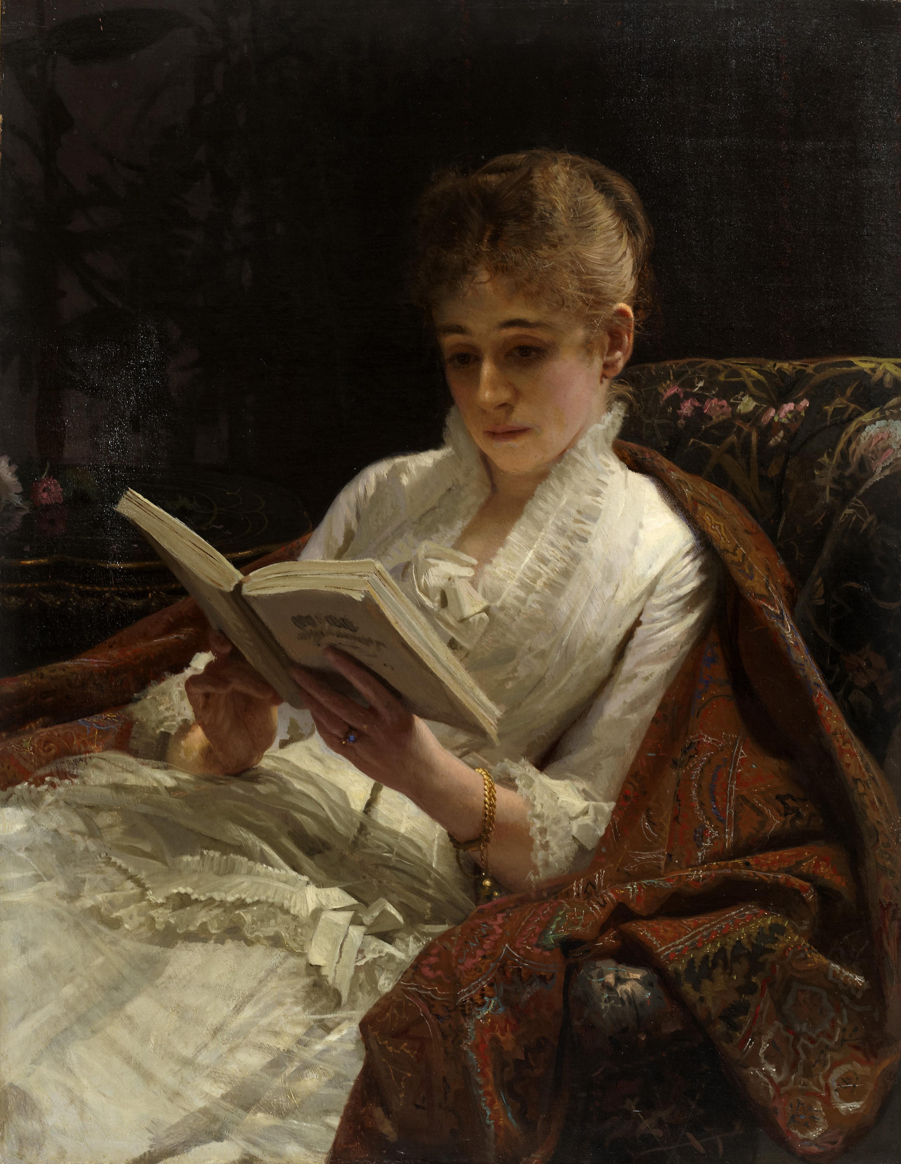 Portrait of a woman reading, painted by Ivan Kramskoi, Imperial Russia, 1881. Currently on display at the Yekaterinburg Museum of Fine Arts.jpg