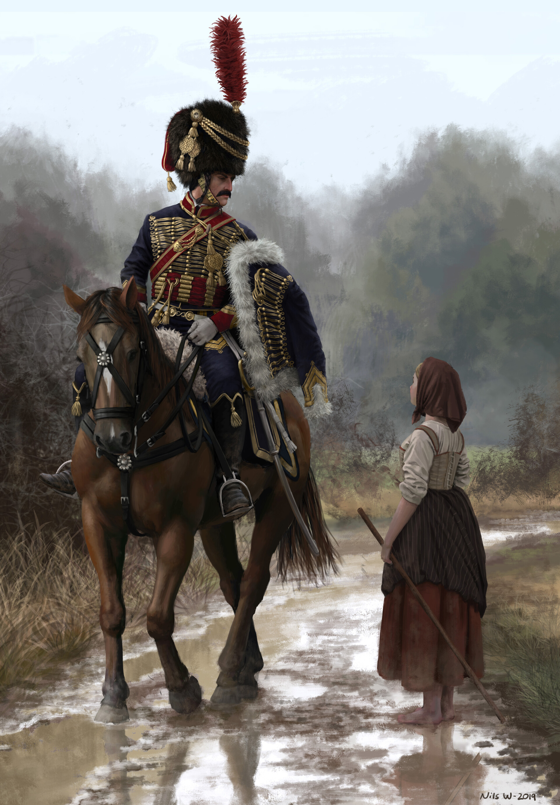 French Hussar and Peasant Girl, 1810's by Nils Wadensten.jpg