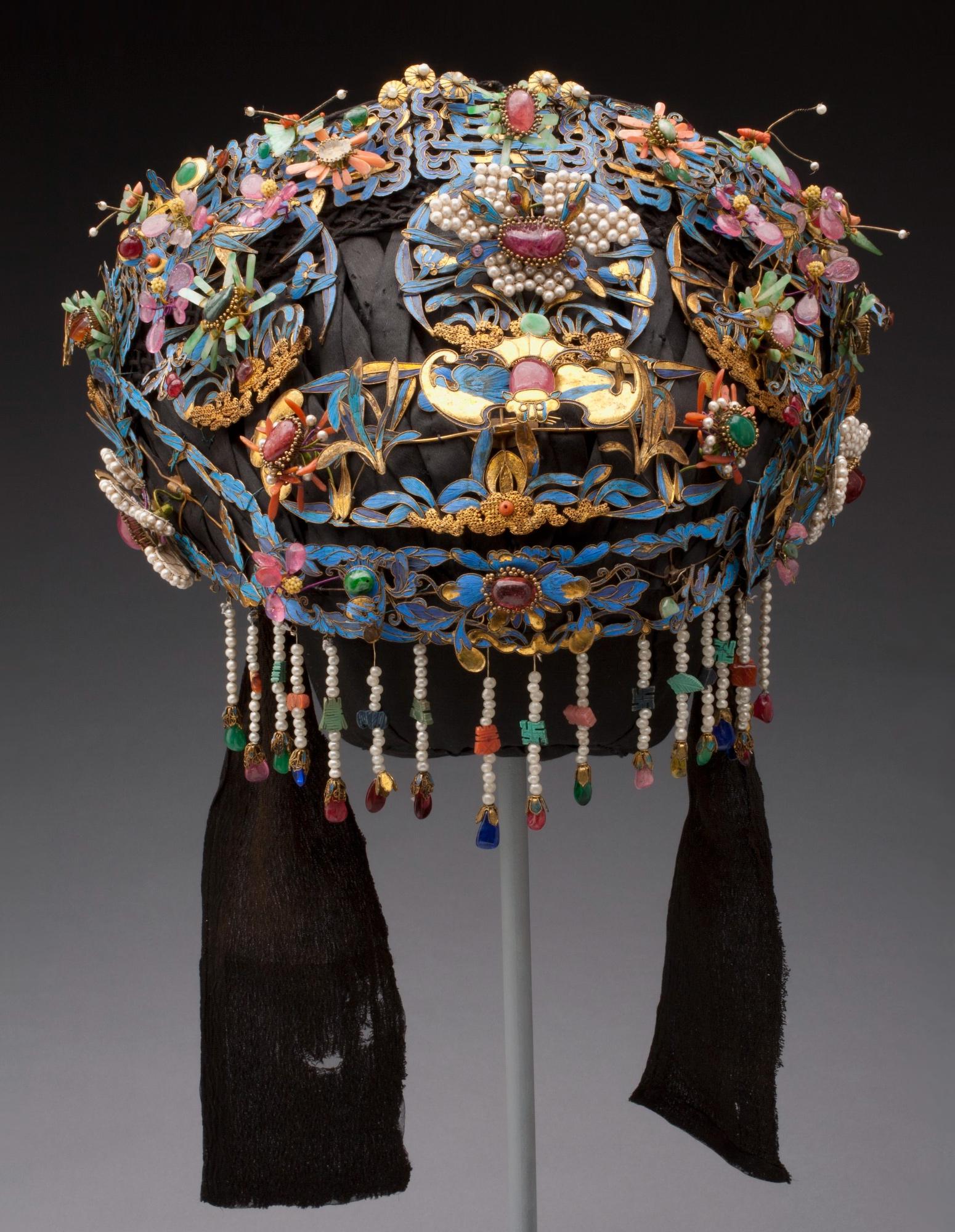 Woman's wedding headdress (dianzi) with blue kingfisher feather ornaments. China, 19th century.jpeg