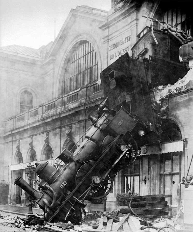 A train crashed through the station in Paris, France on the 22 of October 1895, nobody on the train died, but a woman on the street below died after being hit by falling masonry. Her name was Marie-Augustine Aguilard.jpeg