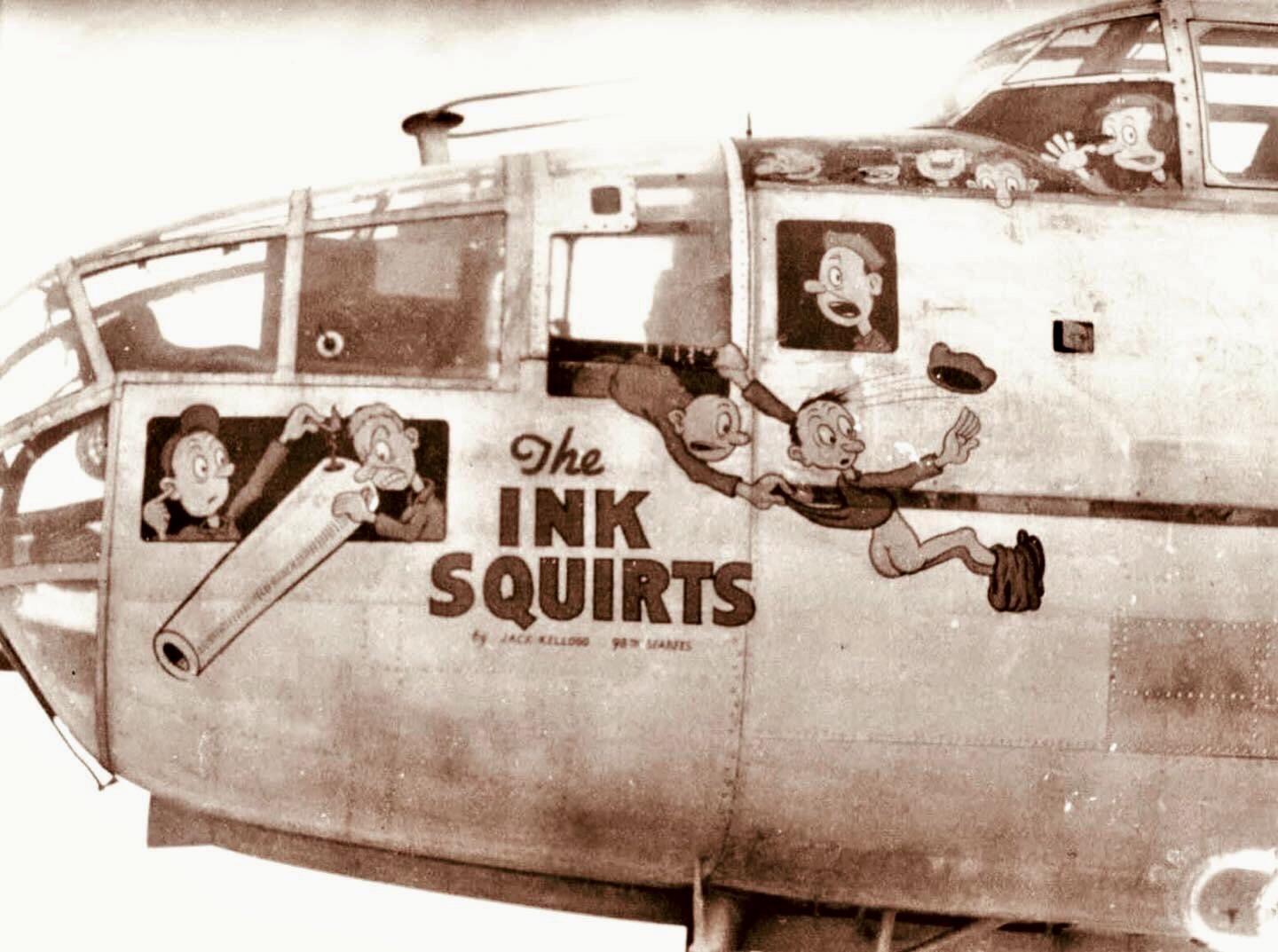Nose art of North American B-25 Mitchell 'The Ink Squirts' from the 41st Bombardment Group. The 'Ink Squirts' was a cartoon in the base newspaper of the Sea Bees of the 94th Battalion, on Tarawa, 1944.jpeg