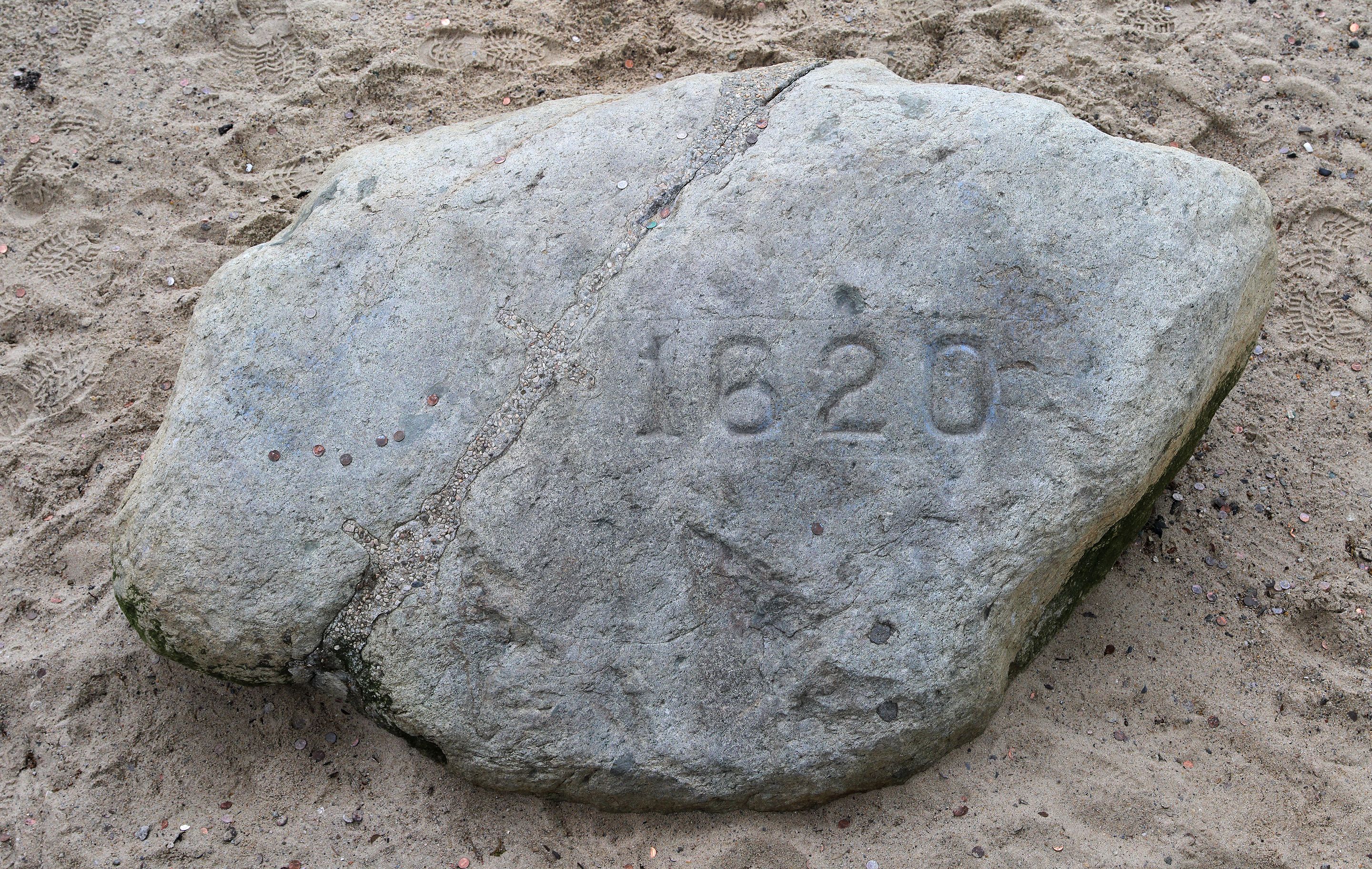 Plymouth Rock in Plymouth, Massachusetts, the traditional site of disembarkation of William Bradford and the Mayflower Pilgrims who founded Plymouth Colony in 1620.jpg