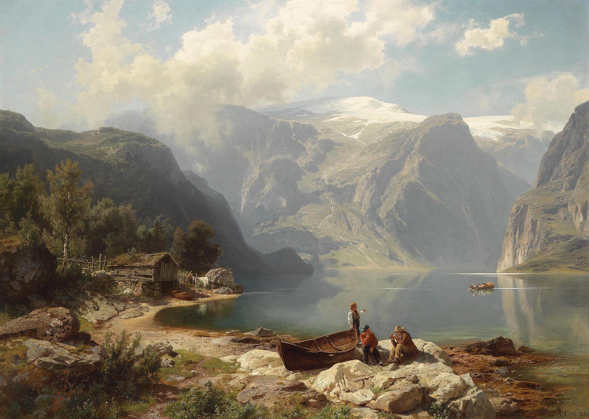A Sunny day on a Norwegian Fjord, August Leu, oil on canvas, 1862.jpeg