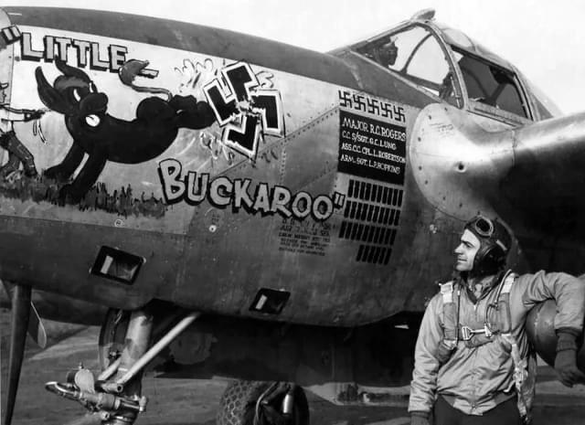 P-38J Lightning sn 44-23677 'Little Buckaroo' of Major Robert 'Buck' Rogers, 392nd Fighter Squadron, 367th Fighter Group, 1944.jpeg