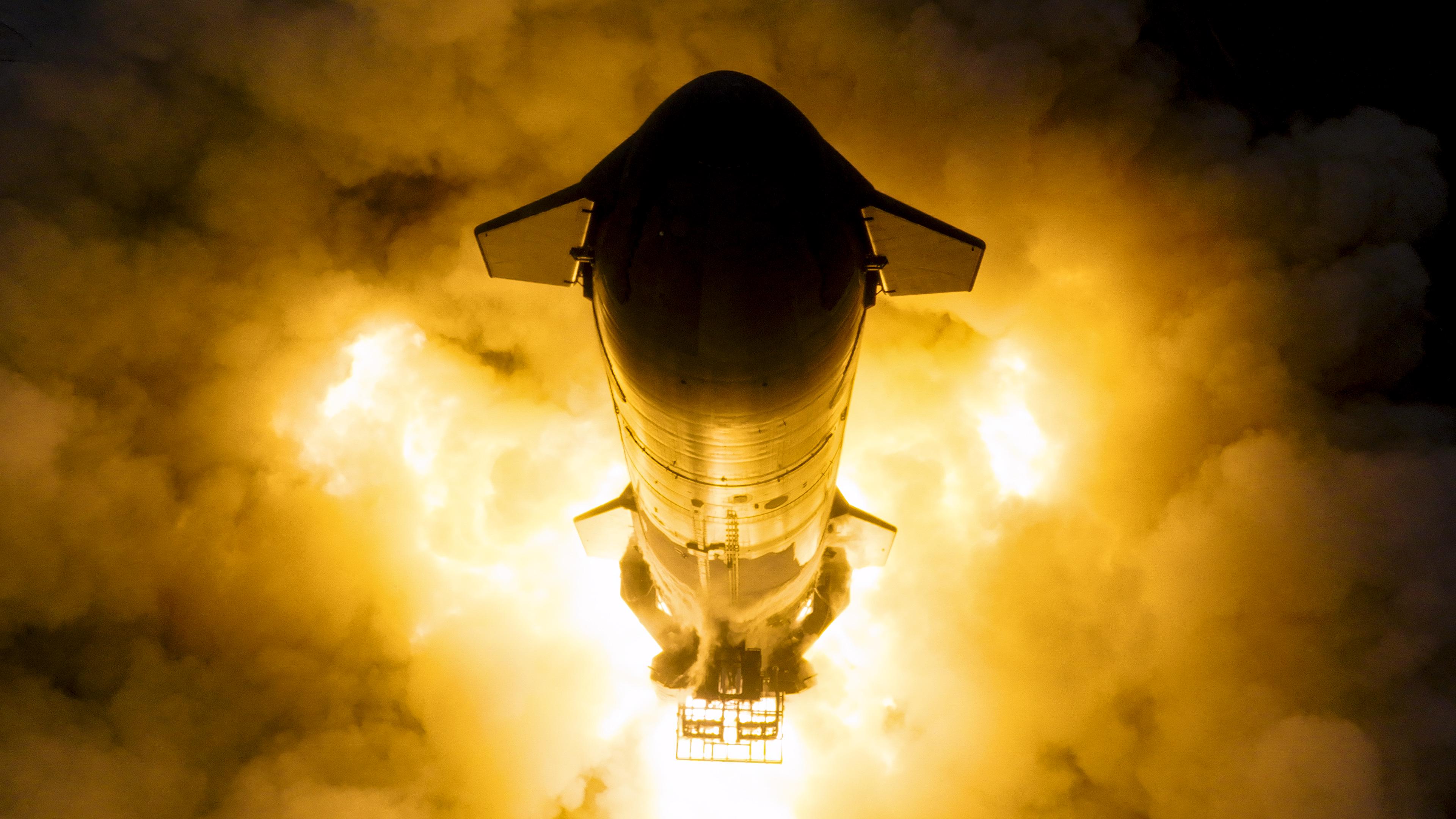 Static Fire of Starship's six Raptor Engines. Image Credit - SpaceX.jpeg