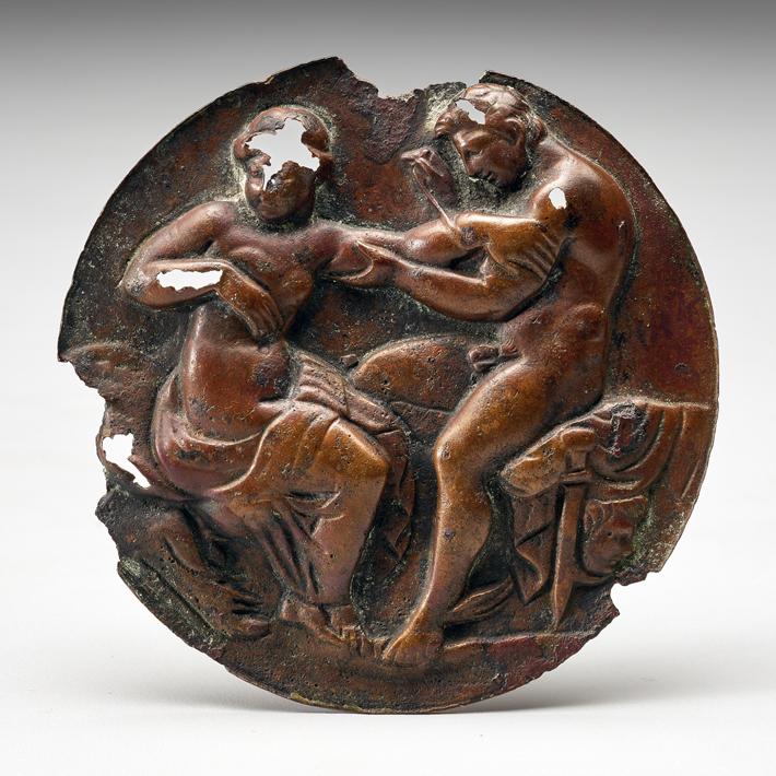 Emblema depicting Perseus and Andromeda. Rome. 1st century CE. Copper alloy. Excavated at Brahmapuri in 1944. On display at Town Hall Museum, Kolhapur, India.jpeg