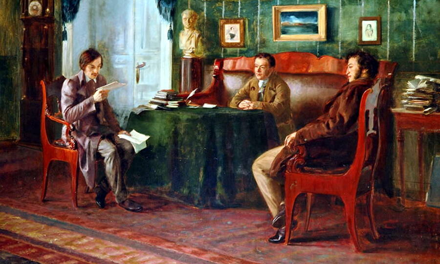 Пётр Геллер, Пушкин, Гоголь и Жуковский, 1904, холст, масло, Государственный музей А. С. Пушкина, Москва.jpg