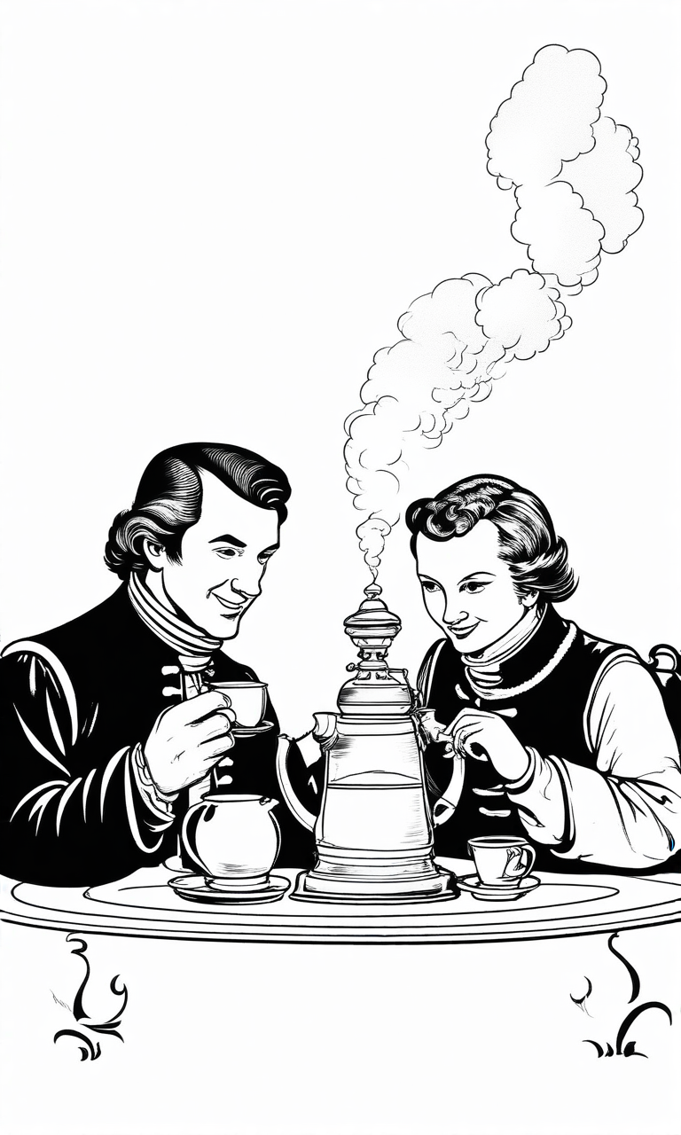 Nikolay Nekrasov and Alexander Pushkin are sitting next to samovar and drinking tea. Black & white lineart.png