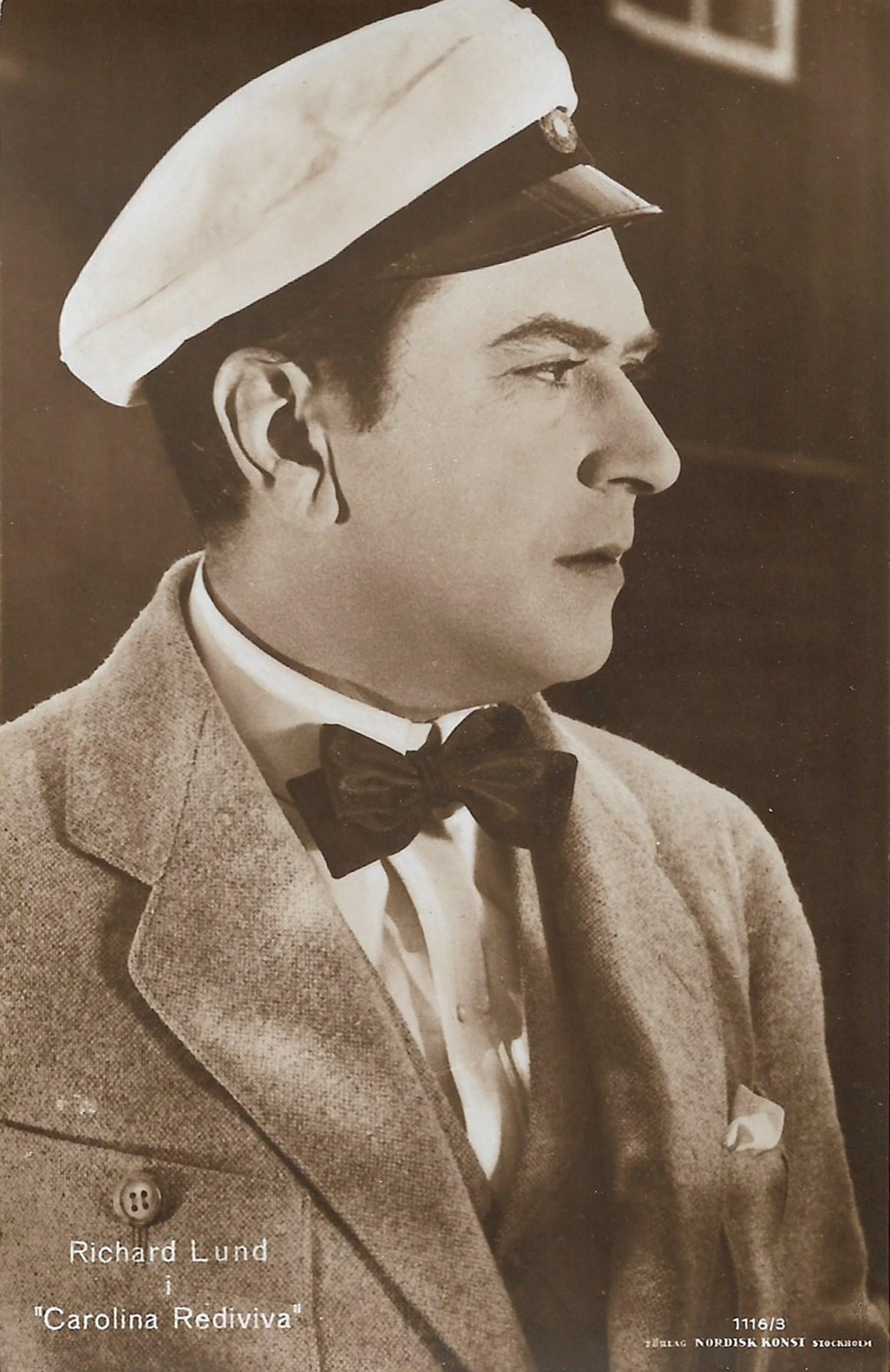 Swedish postcard. Nordisk Konst, Stockholm, No. 1116-3. Richard Lund in the Swedish silent film Carolina Rediviva (1920), directed by Ivan Hedqvist, who also played one of the leads.jpg