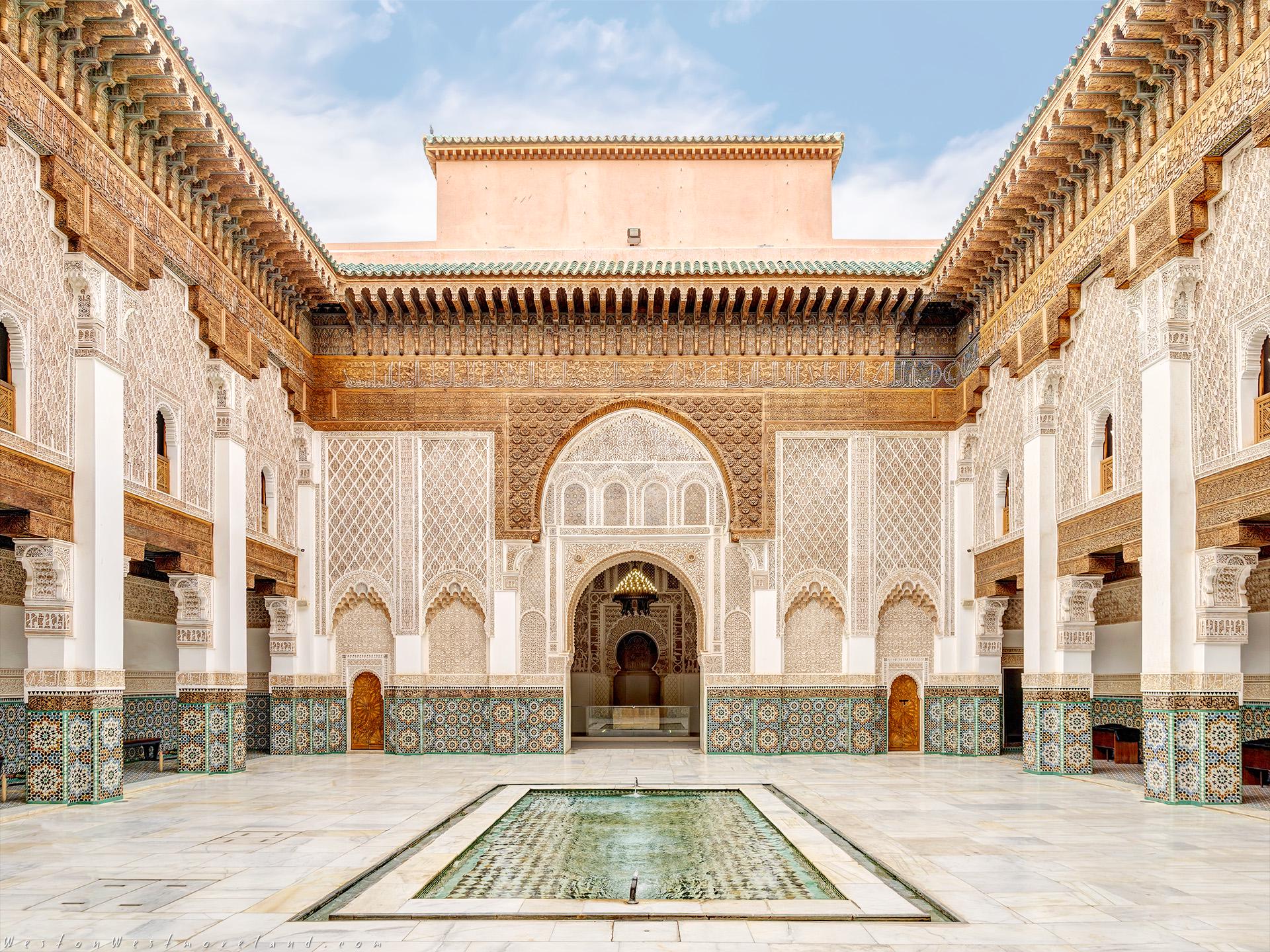 The main courtyard and Mihrab of the Ben Youssef Madrasa, a college in Marrakesh, Morocco, 1564.jpeg