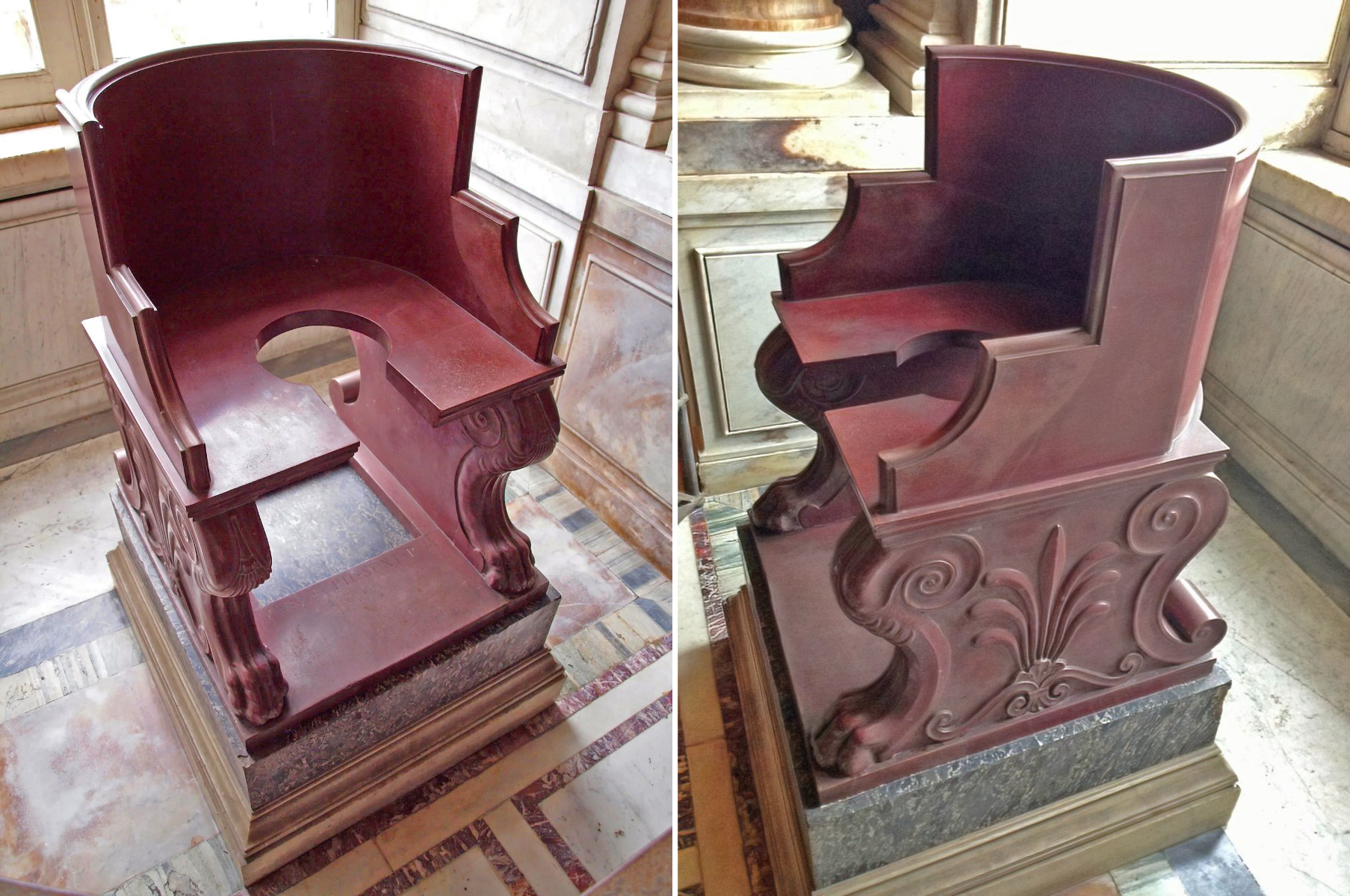 This ancient Roman toilet carved in red 'rosso antico' marble has been theorised to have come from the imperial palace, perhaps used by the emperor himself. Was used in the inauguration of new popes until 1560.png