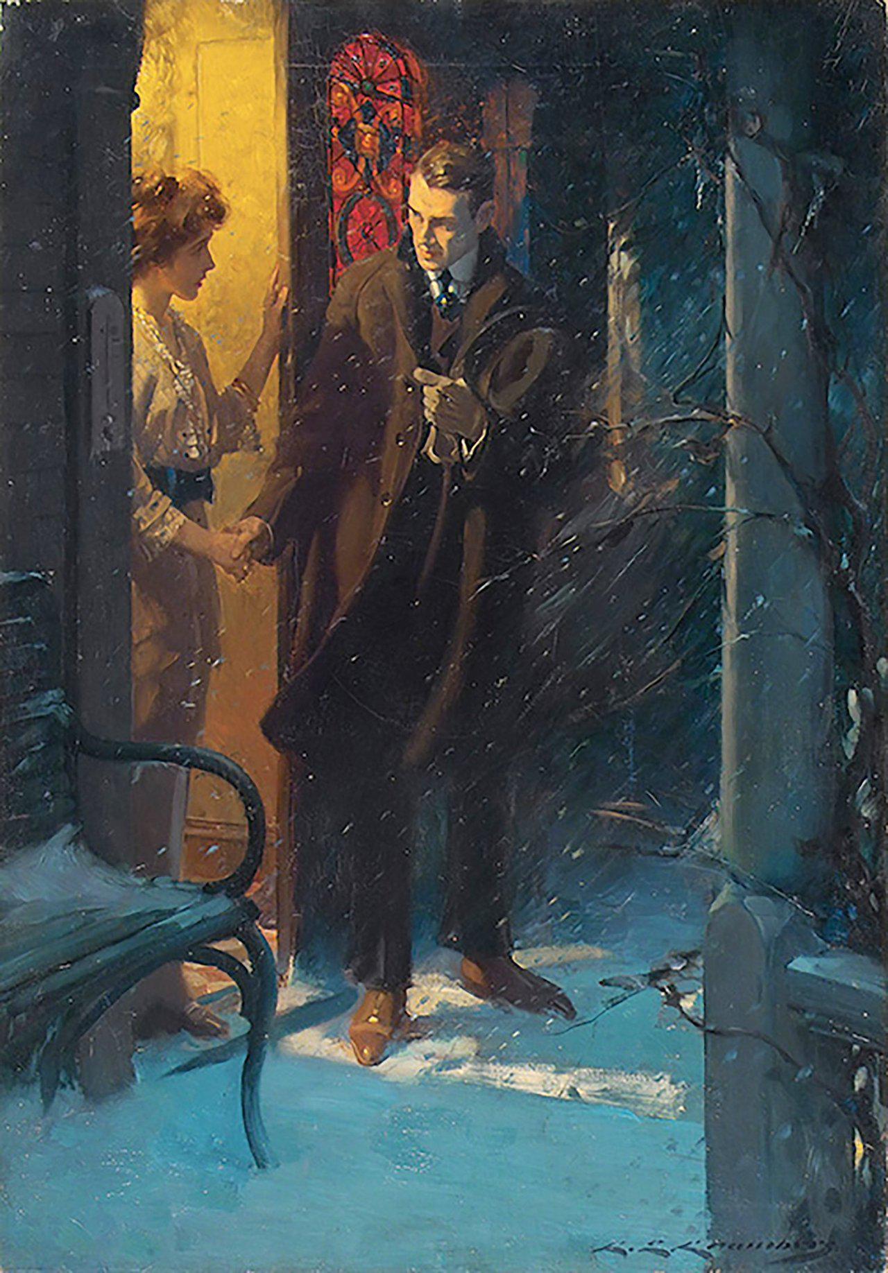 Couple Parting on Porch in Snow - Charles Edward Chambers , c.1915.jpeg