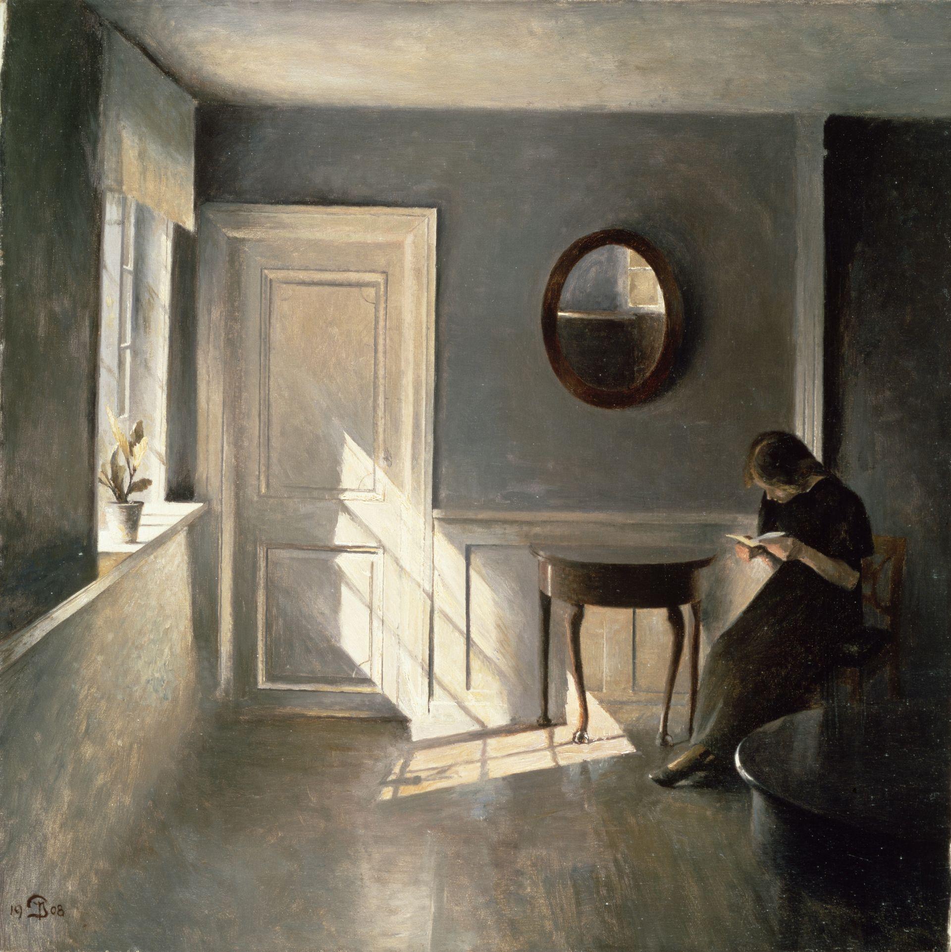 Peter Ilsted, Interior with sunlight through the window and a young girl reading a letter, 1908.jpeg
