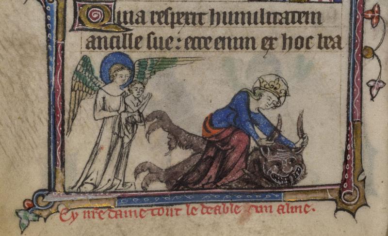 Virgin Mary had an angel babysit Jesus while she tackled the devil. From Taymouth Hours, England 1325.jpeg