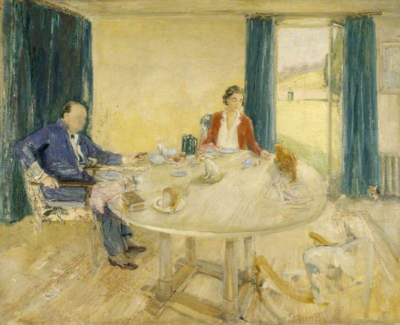 William Nicholson. Study for 'Breakfast at Chartwell II' (Sir Winston Churchill and Lady Churchill in the Dining Room with Their Cat 'Tango') c.1932-1933.jpg