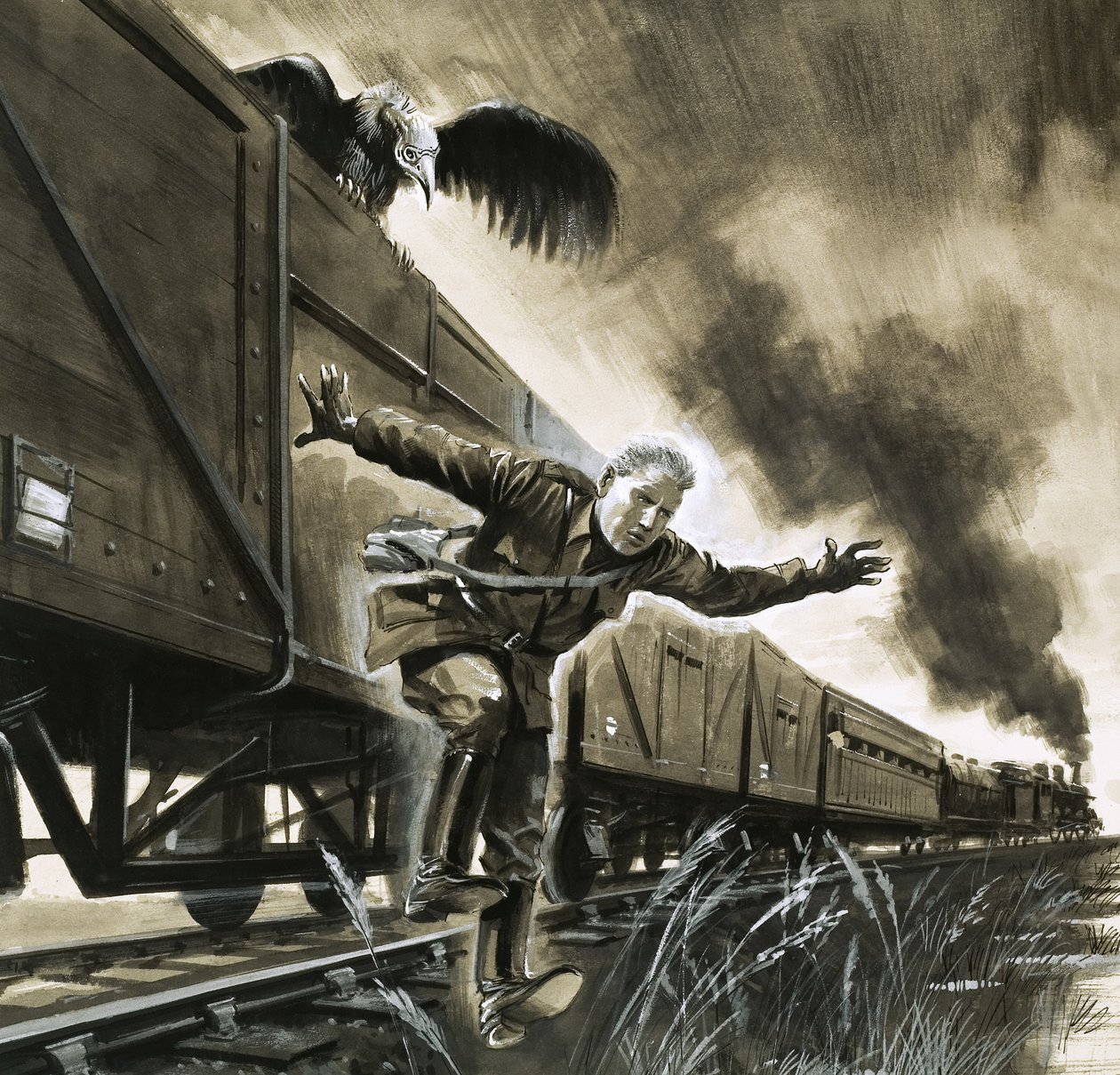 Young Winston Churchill makes his escape by train from the Boers, in the company of a vulture. Original artwork from Look and Learn no. 148 (14 Nov. 1964).jpg
