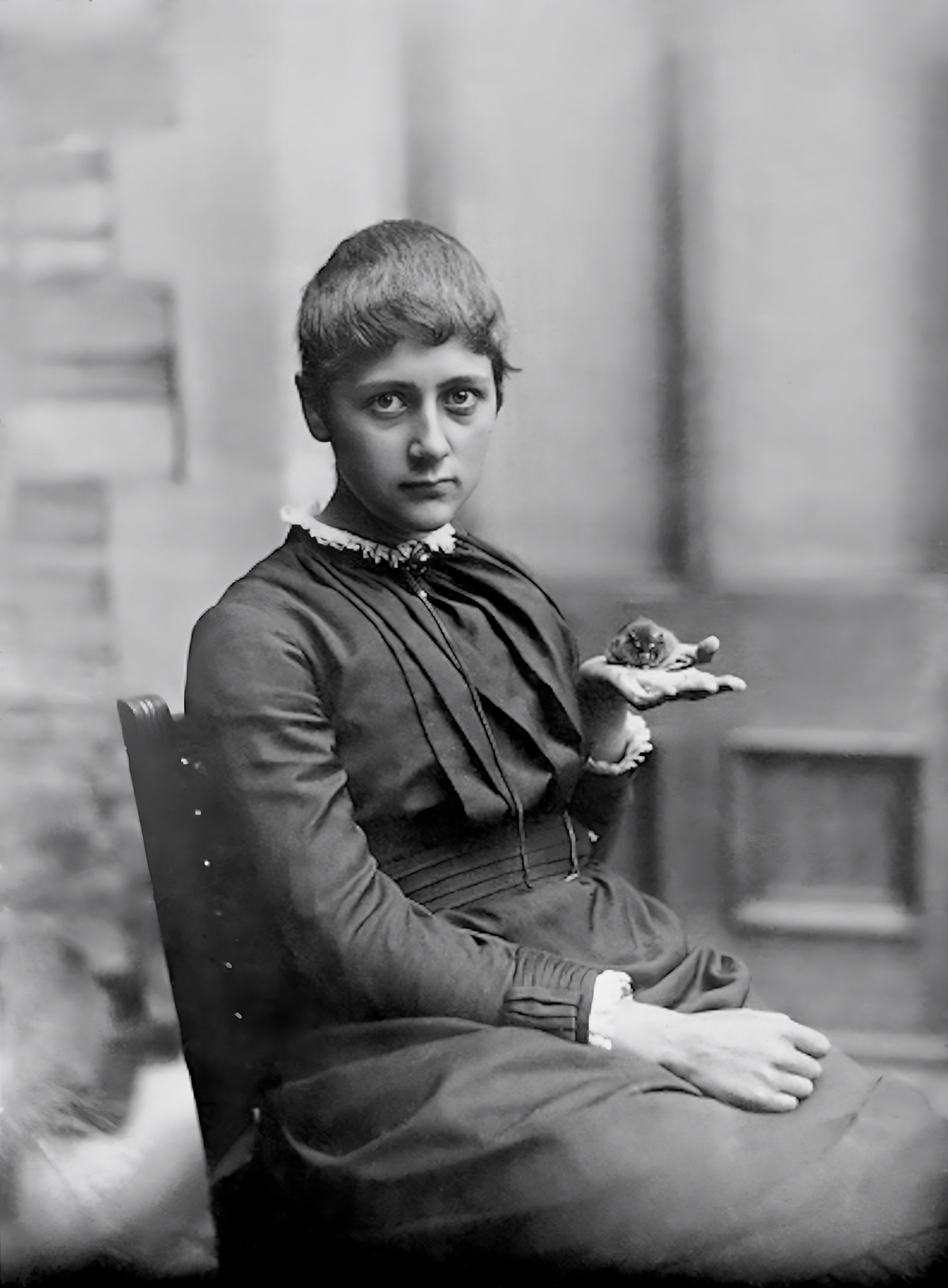 Beatrix Potter, writer, illustrator, natural scientist, pictured in 1885 with her pet mouse Xarifa.jpeg