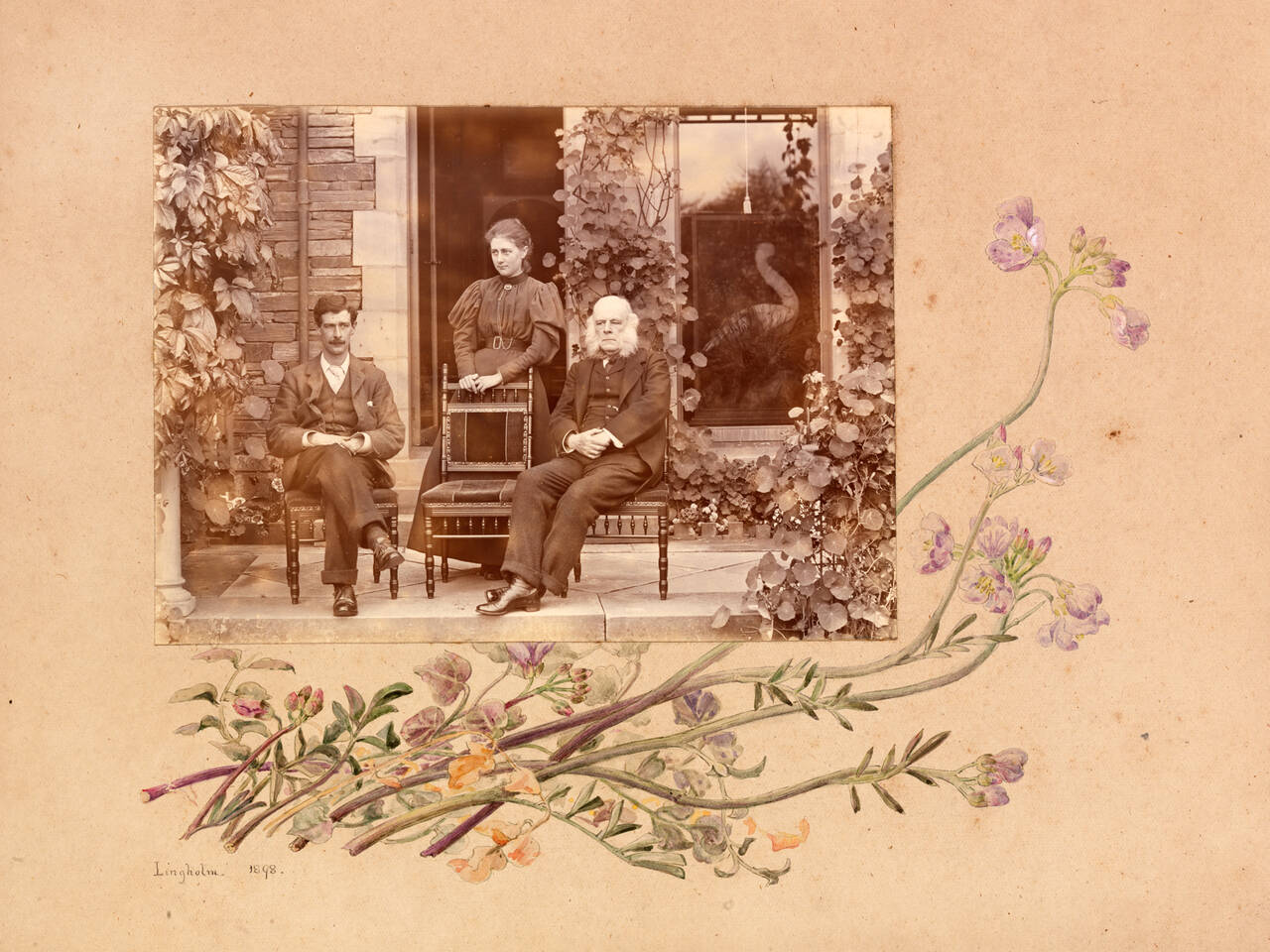 Photograph of Bertram, Beatrix and Rupert Potter, with a decorative mount by Beatrix Potter, 1898, Lingholm, Keswick, England.jpg