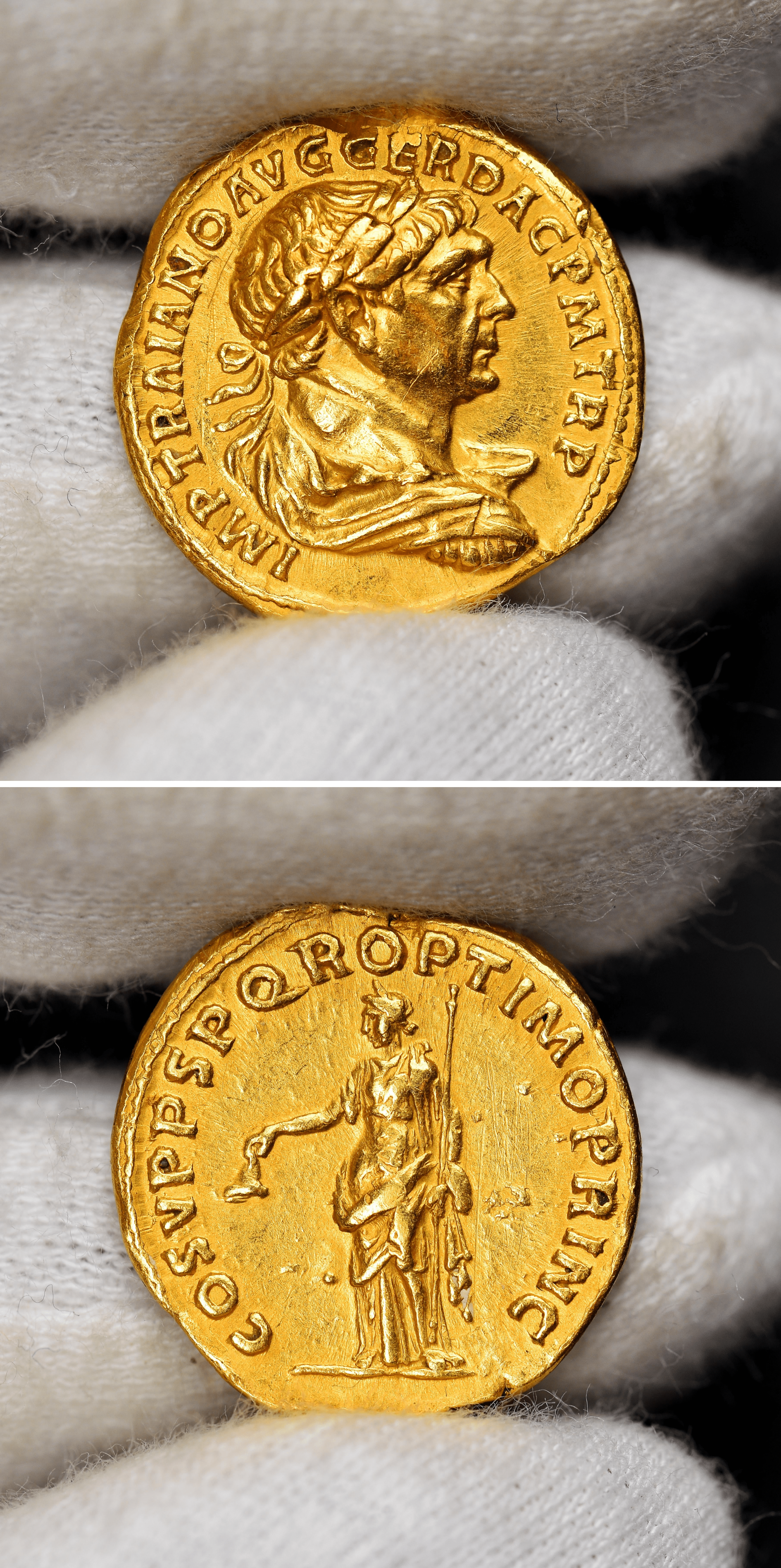 Golden aureus of the Roman emperor Trajan, 103-111 CE.png