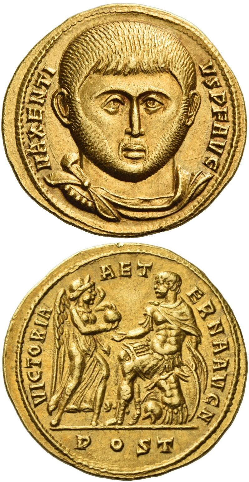 Golden aureus of Maxentius augustus, 310-312 CE. Of the highest rarity, only two specimens known.png