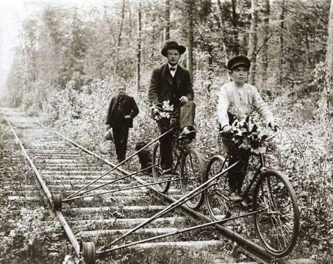 Bikes running on old railroad tracks. Pellston, Michigan, USA. 1910.jpeg