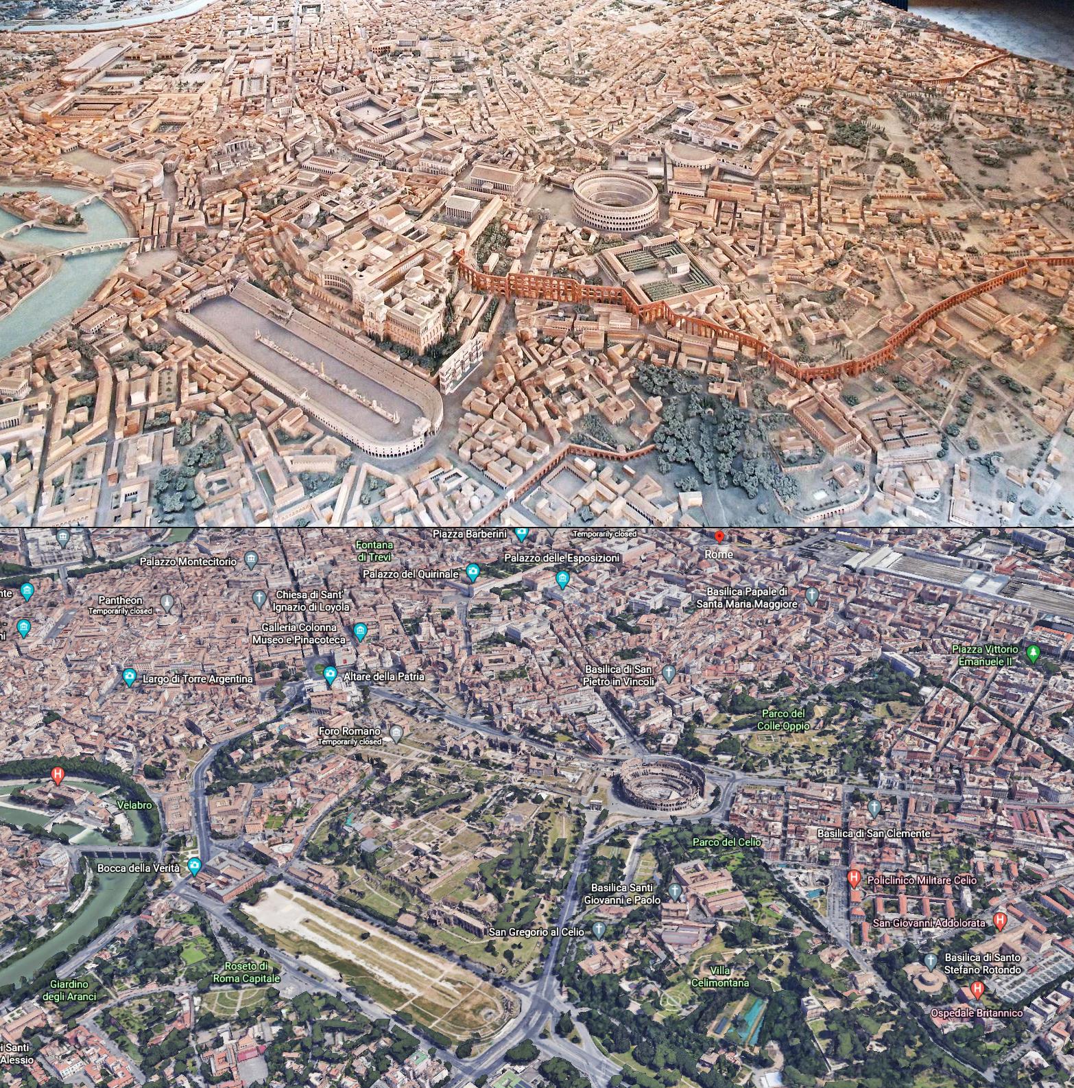 The massive scale model of ancient Rome in the age of Constantine I made by Italo Gismondi (1887-1974), and a satellite view of the modern city.jpeg