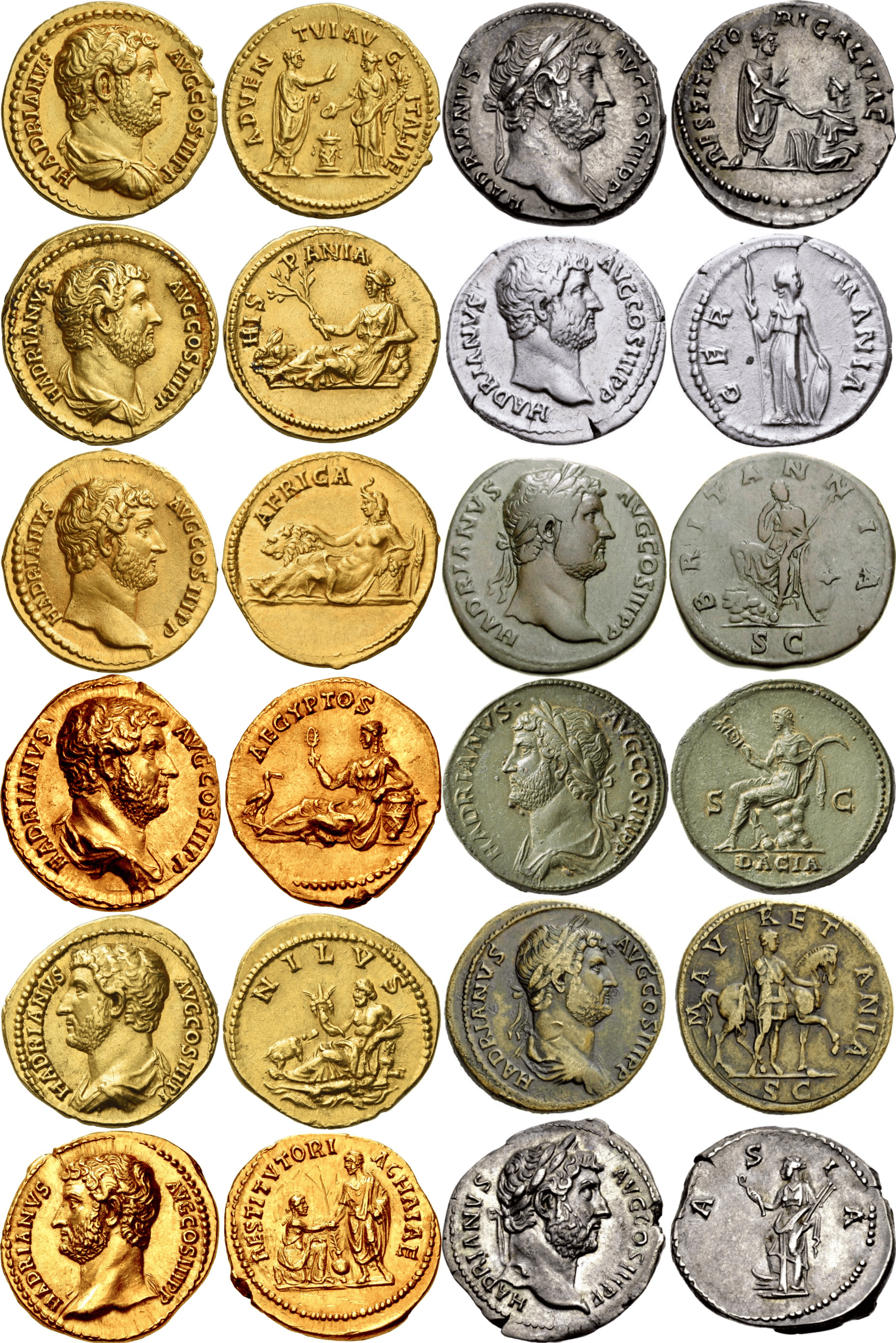 Hadrian spent half of his 21-year reign on the road, visiting almost every province of the vast empire. The mint celebrated these grand tours with extensive coinage in gold, silver and bronze.png