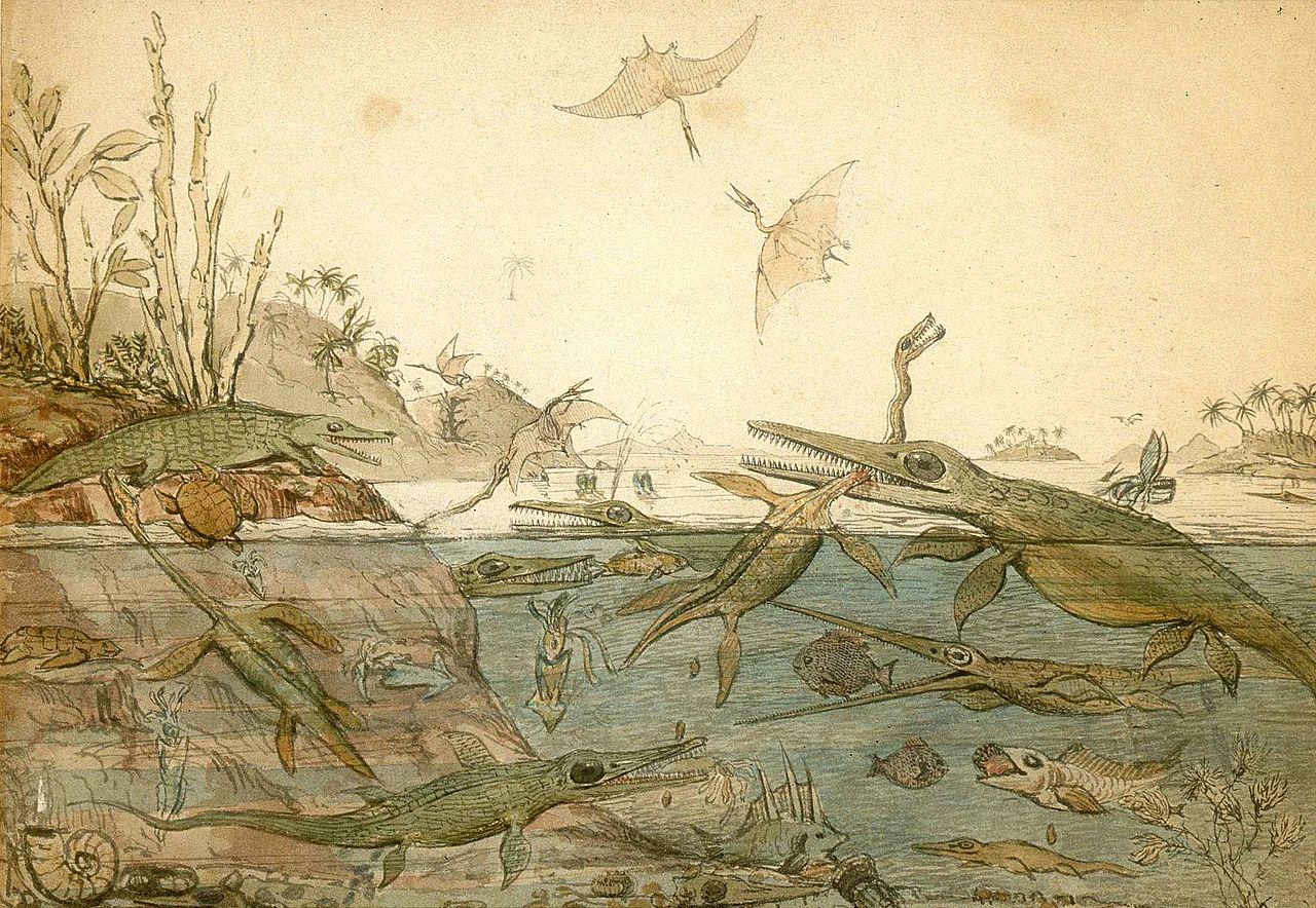 Duria Antiquior, a more ancient Dorset', an 1830 AD watercolour by English geologist and palaeontologist Henry De la Beche. The work was based on fossils found in Lyme Regis by collector Mary Anning.jpeg