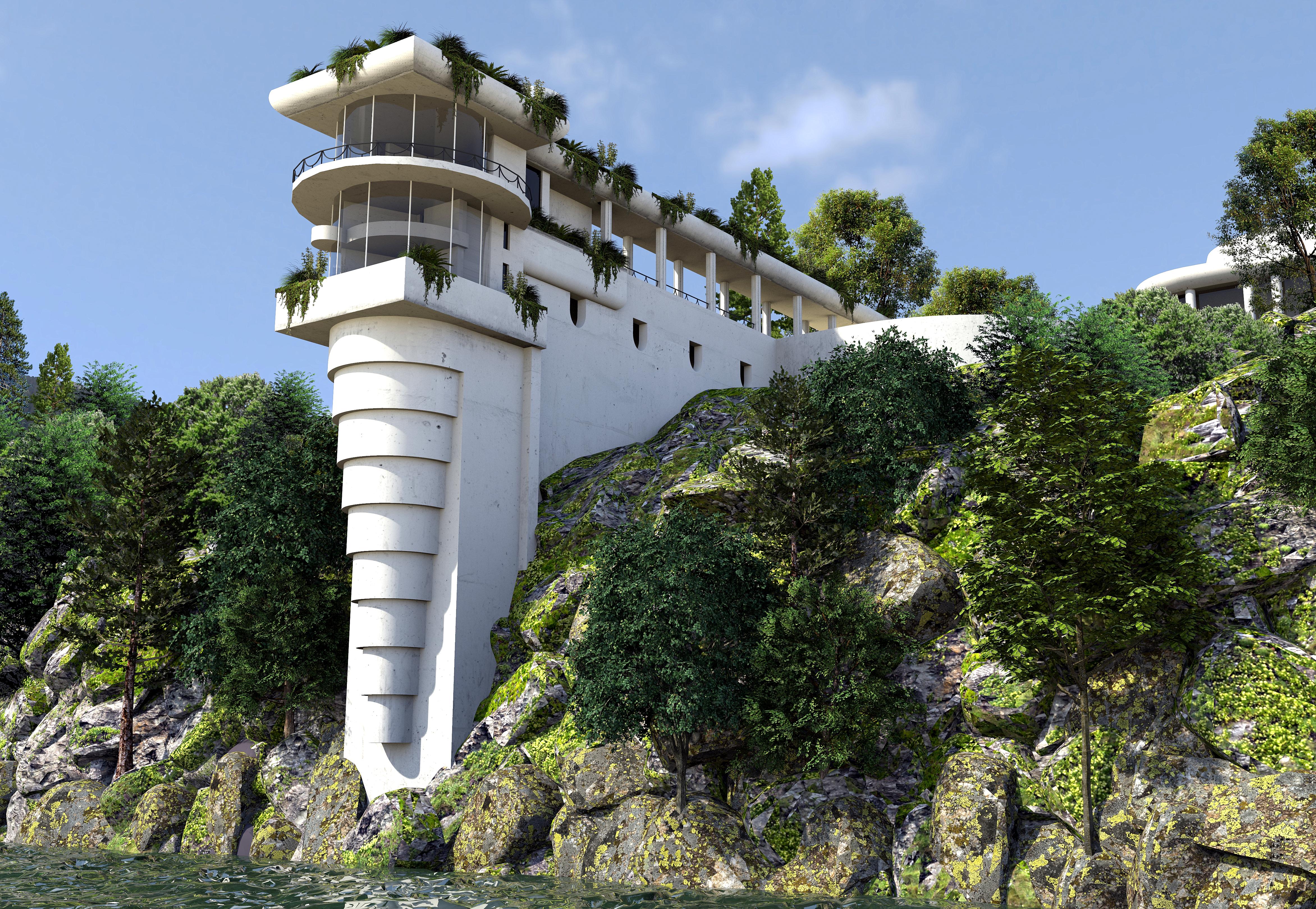 Artist Rendering of Frank Lloyd Wright's Unbuilt Sea Cliff House, which would have been located at El Camino del Mar in California.jpeg