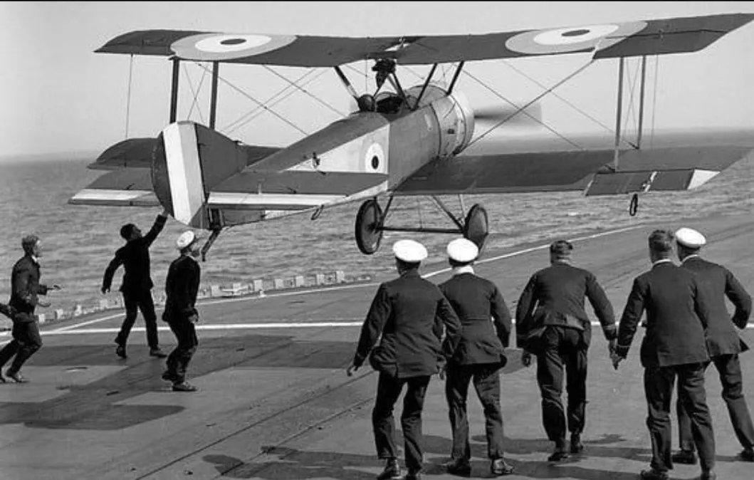 The first plane to land in a moving ship. Squadron Commander Edwin Dunning landing a Sopwith Pup, a single seater biplane fighter aircraft, on HMS Furious in Scarpa Flow, Orkney, Scotland in 2nd August 1917.jpeg