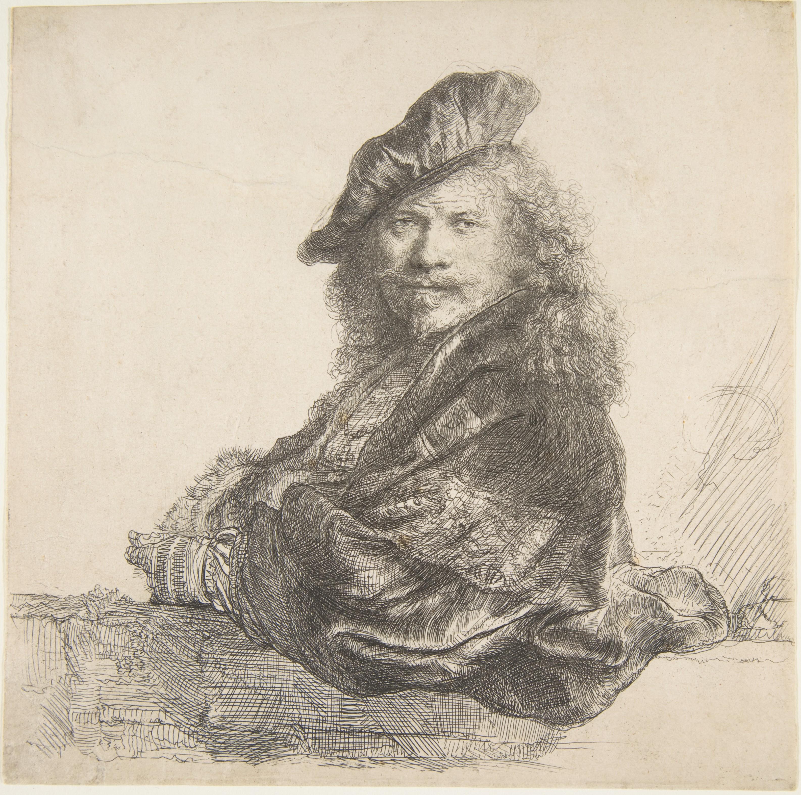 Rembrandt van Rijn - Self-Portrait, Leaning on a Stone Wall (1639) Etching.jpeg