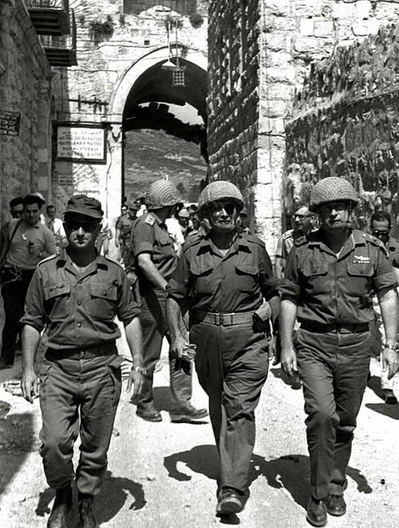Chief of Staff Lt. Gen. Yitzhak Rabin at entrance to old city of Jerusalem during Six Day War, with Moshe Dayan and Uzi Narkiss.jpg